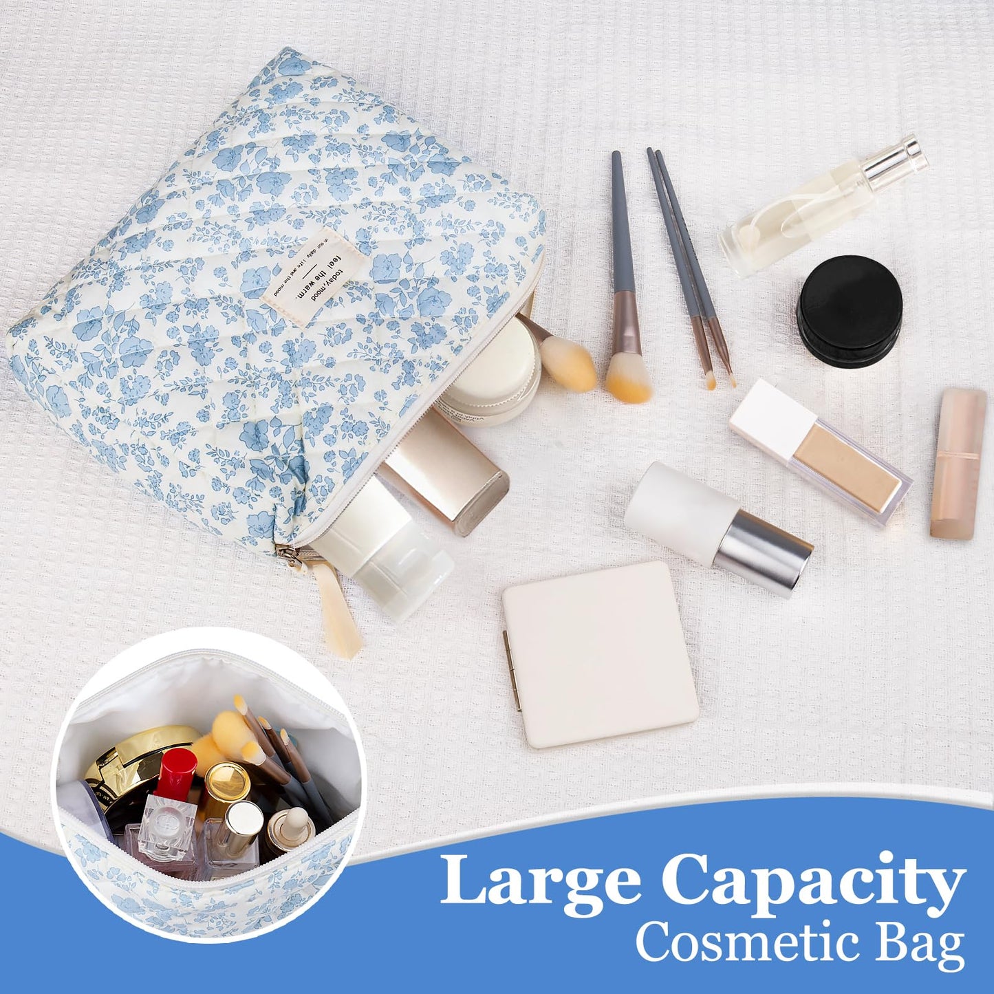 Floral Makeup Bag – Large Quilted Cosmetic Pouch for Women & Girls, Cute Cotton Travel Toiletry Organizer, Blue Flower Design