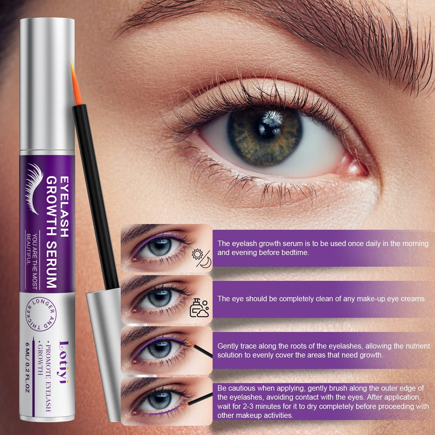 LOTIYI Eyelashes Growth Serum -6ml Eyelash Growth Serum for Natural Lashes & Extensions & Eyebrows, Thicker, Fuller & Longer Looking