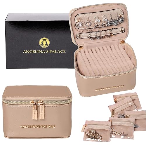 Angelina's Palace Jewelry Organizer Case Bridesmaid Gifts Travel Bag Vegan Leather Box for Necklace Earring Bracelet Ring(champagne)