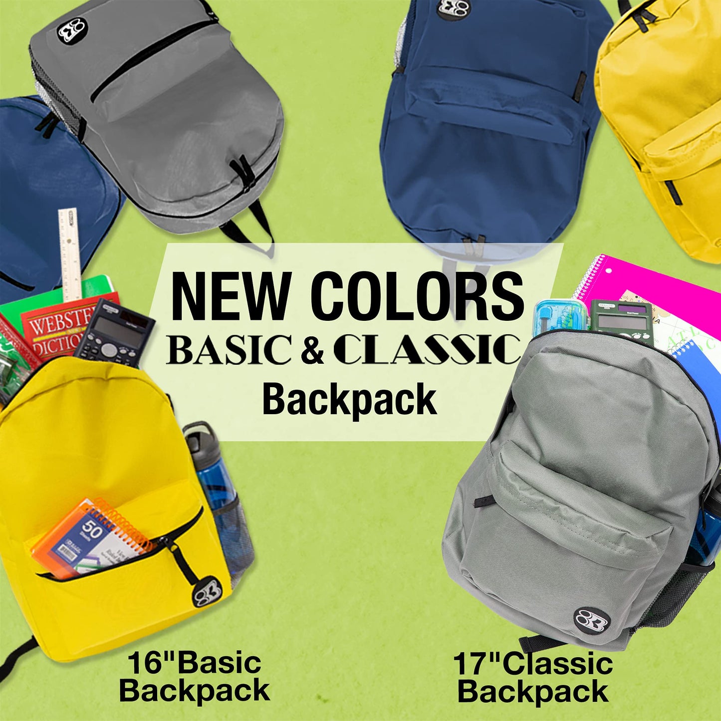 BAZIC PRODUCTS School Backpack 17" Gray, Lightweight School Bag Padded Back & Adjustable Strap for Students, Travel Bag Fit A4 Notebook, 1-Pack