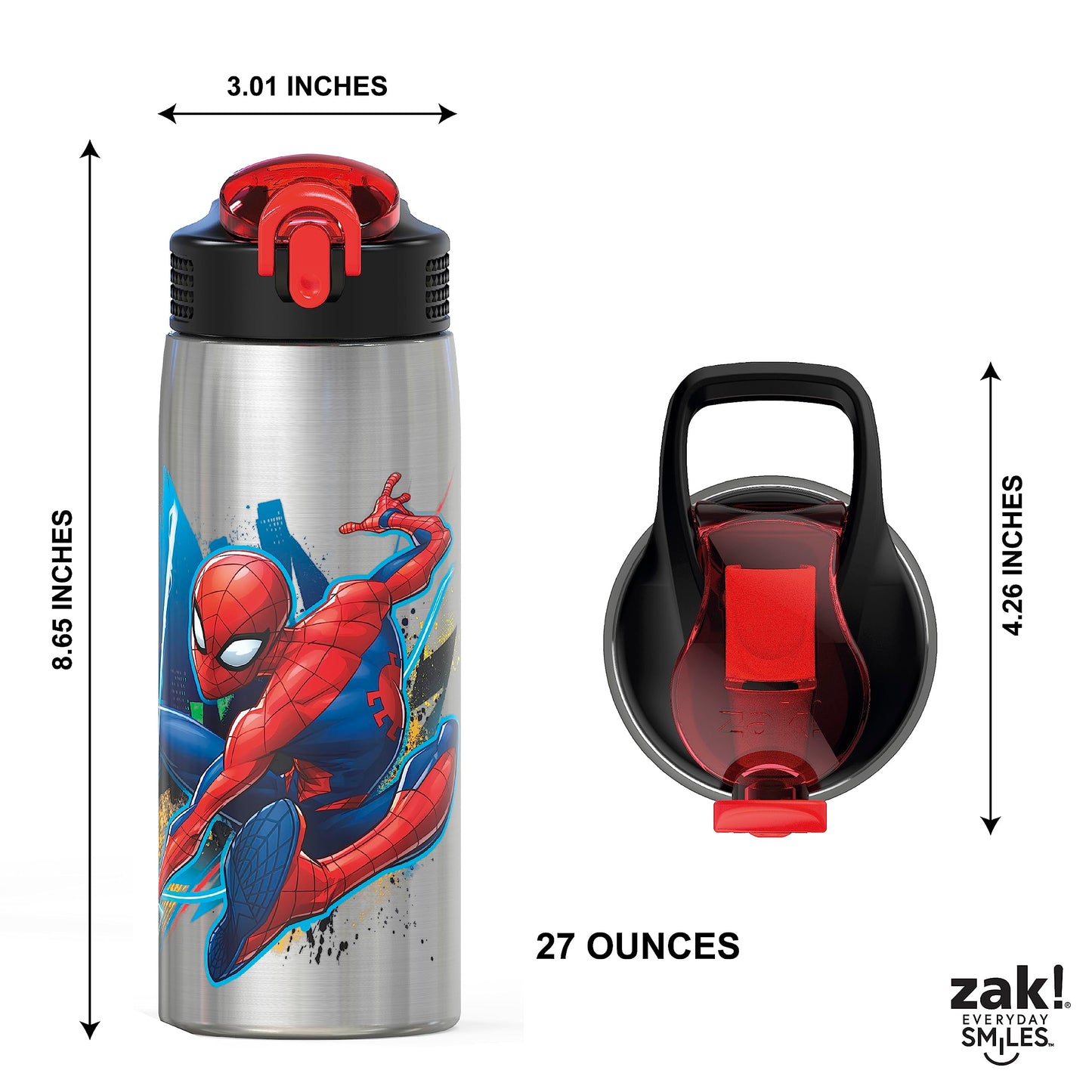 Zak Designs 27oz Marvel 18/8 Single Wall Stainless Steel Water Bottle with Flip-up Straw and Locking Spout Cover, Durable Cup for Sports or Travel