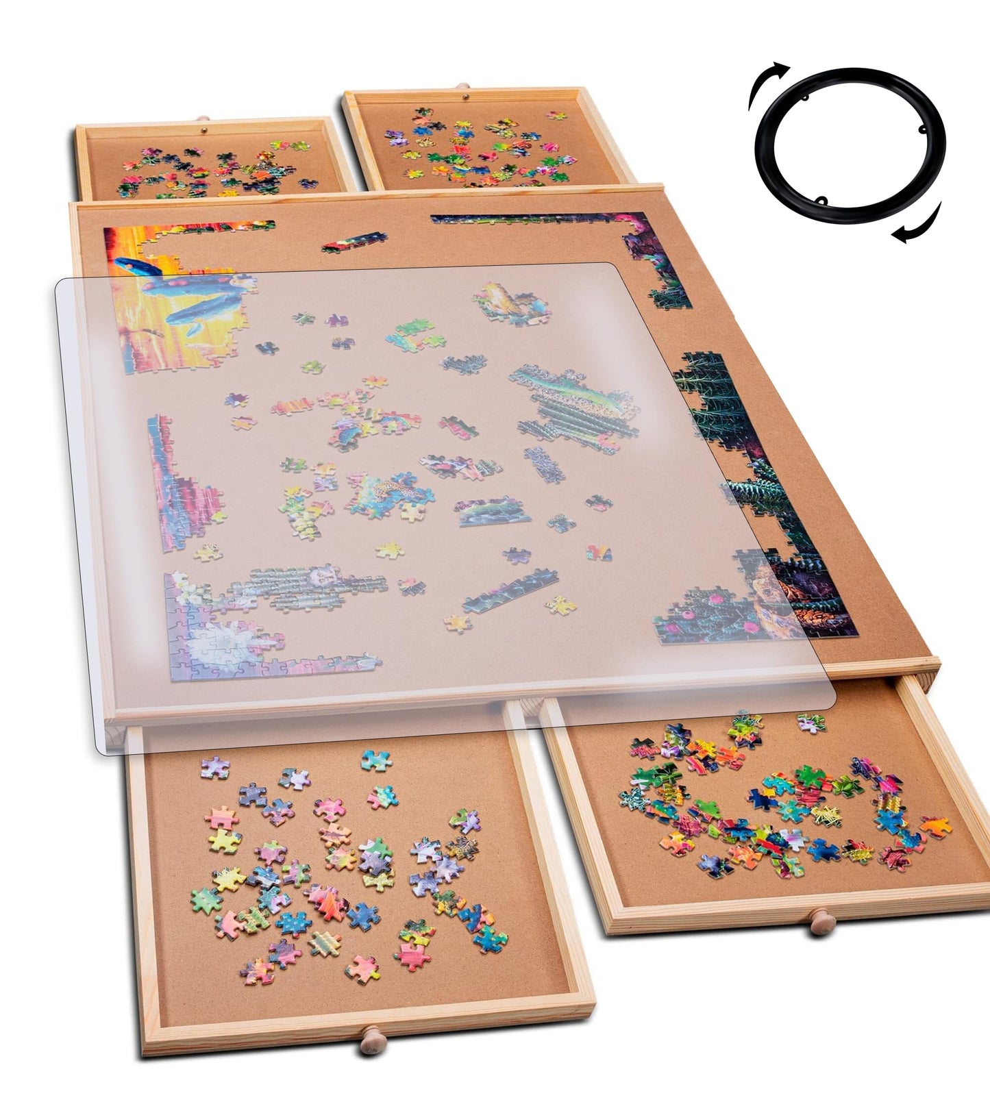 PlayVibe 1000-Piece Rotating Puzzle Board – Portable 22"x30" Wooden Jigsaw Table with Drawers, Cover & 4 Compartments, Lazy Susan Spinning Design