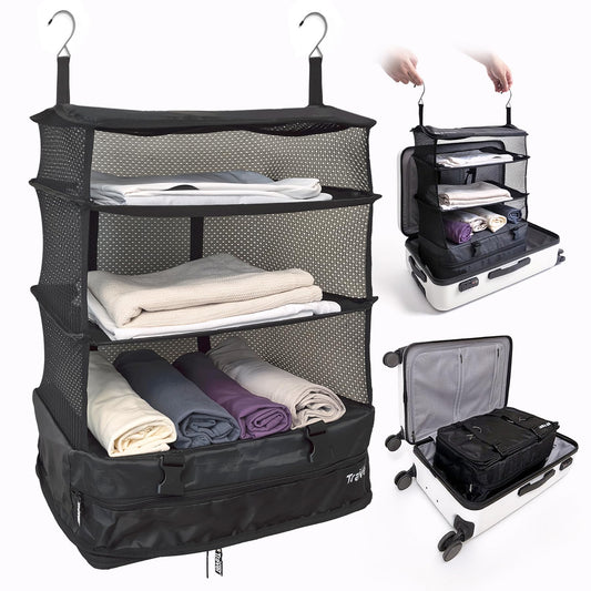 Grand Fusion Stow-N-Go Travel Luggage Organizer XL – Portable Hanging Packing Cubes & Carry-On Closet Organizer for Cruises & Hotels, Black
