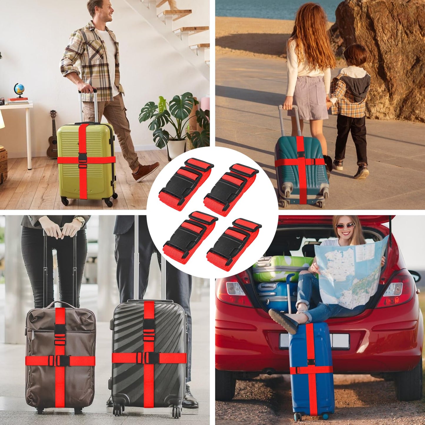 vivinin 4 Pack Luggage Straps – Adjustable Travel Luggage Belts with Buckle Closure for Suitcase Security and Bag Closure (Red)