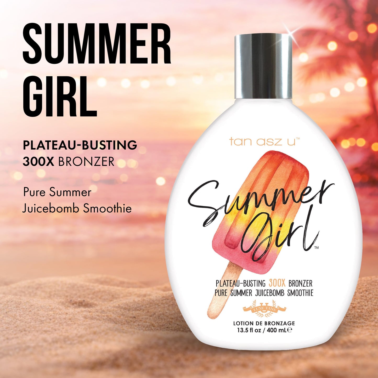 Tan Asz U Summer Girl Tanning Lotion, Plateau-Busting 300X Bronzer, Pure Summer Juicebomb Smoothie Tanning Lotion with Carrot Oil, Hyaluronic Acid