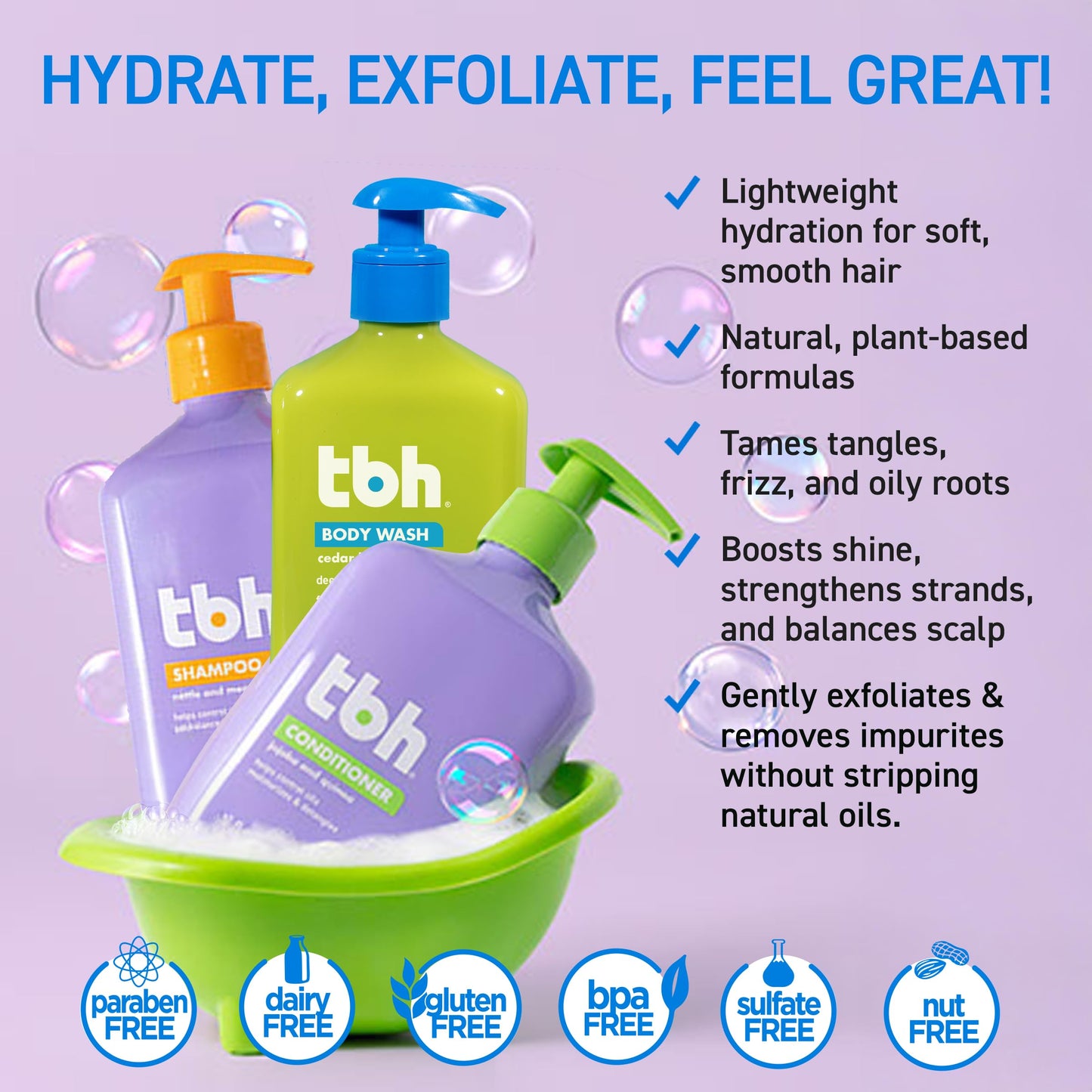 TBH Kids & Teen Hair and Body Care Set - Shampoo, Conditioner & Body Wash with Natural Ingredients - Sulfate & Paraben Free - Gentle for All Hair