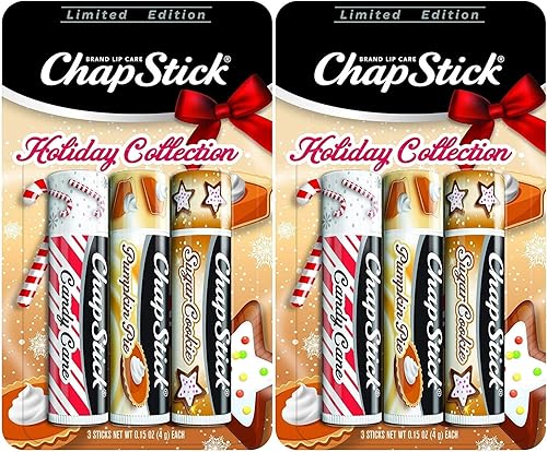 ChapStick Holiday Limited Edition Seasonal Flavored Lip Balm Tube, Candy Cane, Pumpkin Pie & Sugar Cookie Flavors, 0.15 Ounce Each, 6 Sticks Total