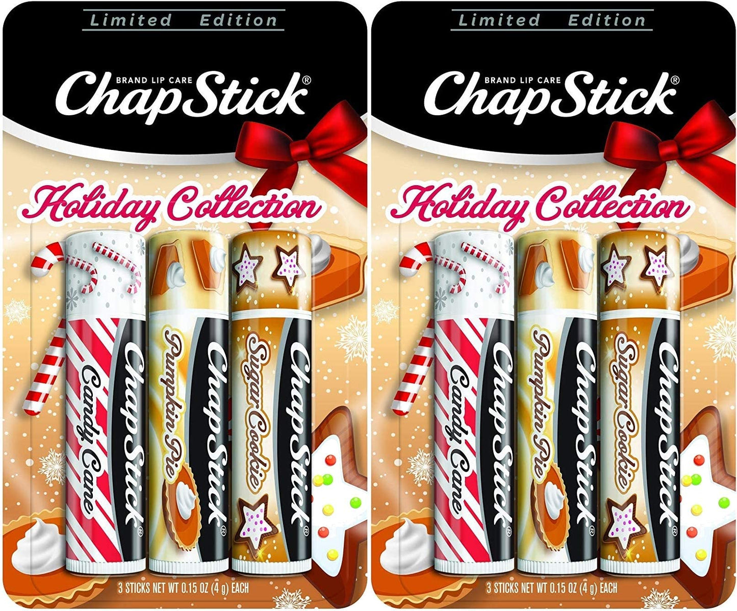 ChapStick Holiday Limited Edition Seasonal Flavored Lip Balm Tube, Candy Cane, Pumpkin Pie & Sugar Cookie Flavors, 0.15 Ounce Each, 6 Sticks Total