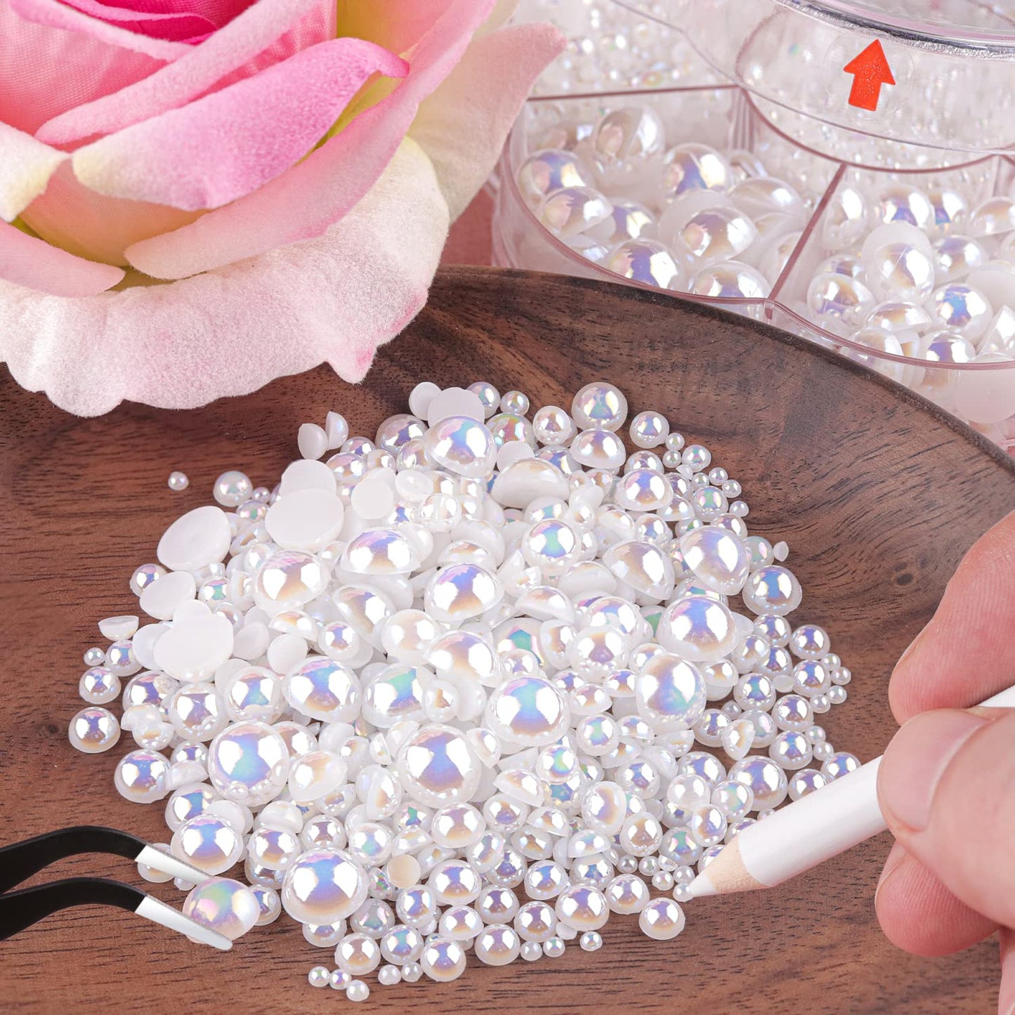 Nail Art Flat Back Half Round Pearl Kits 5, 1 Box of 2400 Pcs Flat-Back White AB Pearl with Tweezer and Picker Pencil for Home DIY Nails Body Face