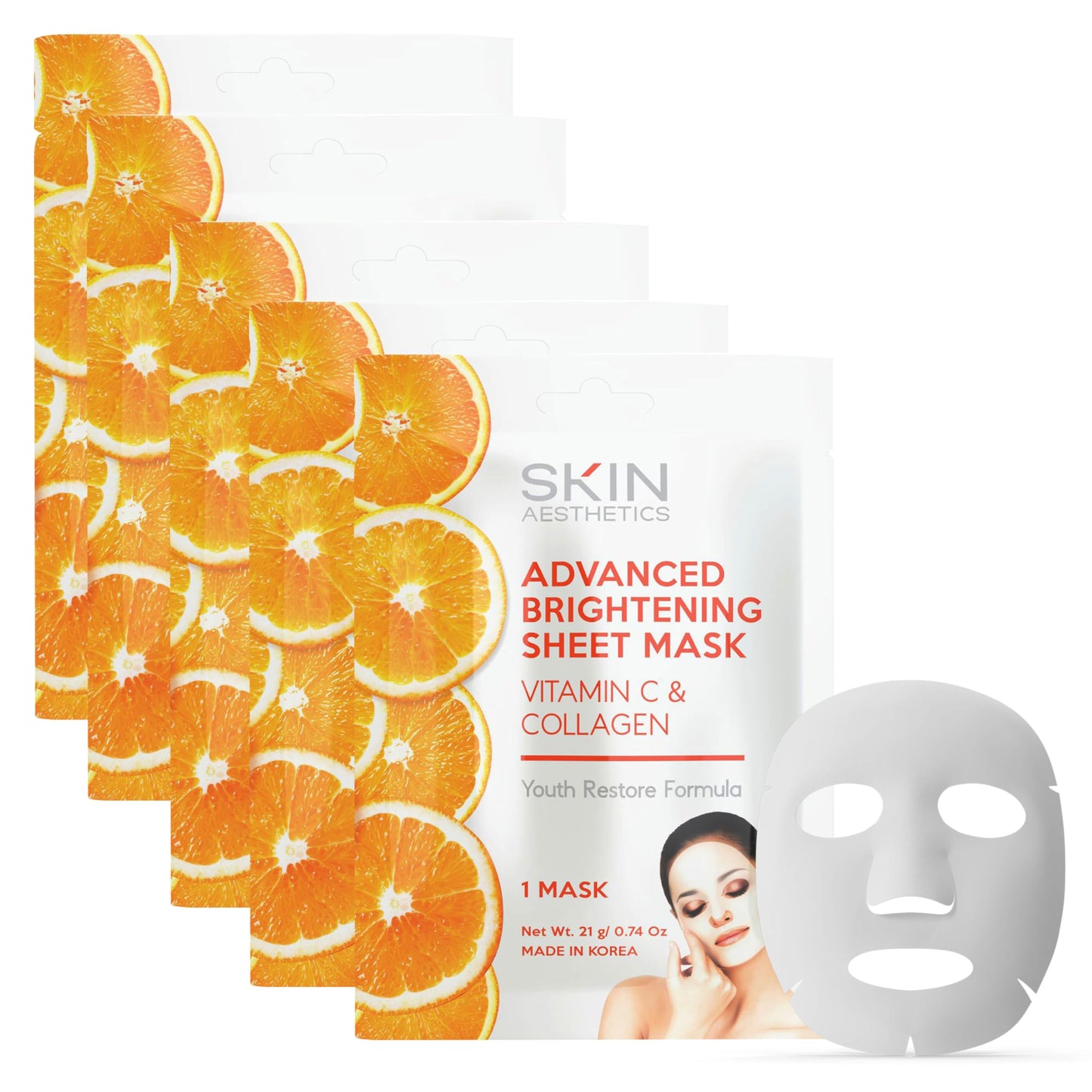 Skin Aesthetics Vitamin C & Collagen Sheet Face Mask - Reduces Wrinkles & Age Spots, Hydrating - Dermatologist Tested Korean Skincare - Clean Beauty