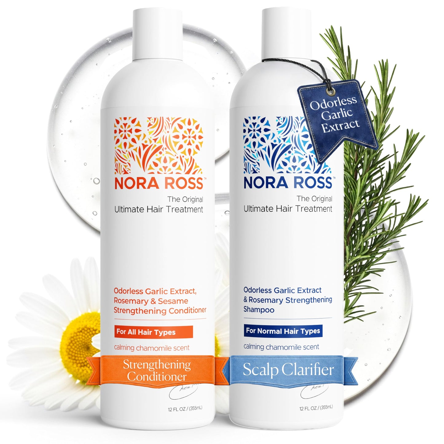Nora Ross Garlic Extract & Rosemary Strengthening Shampoo and Conditioner Set - Natural Shampoo and Hair Conditioner for Normal to Dry, Brittle Hair
