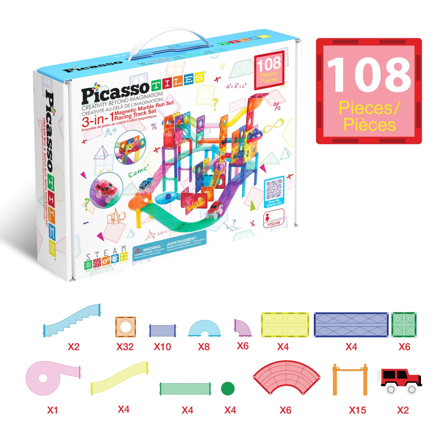 PicassoTiles 108pc 3-in-1 Marble Run & Car Track – Magnetic Tiles Building Blocks STEM Educational Construction Toy Set PTG108