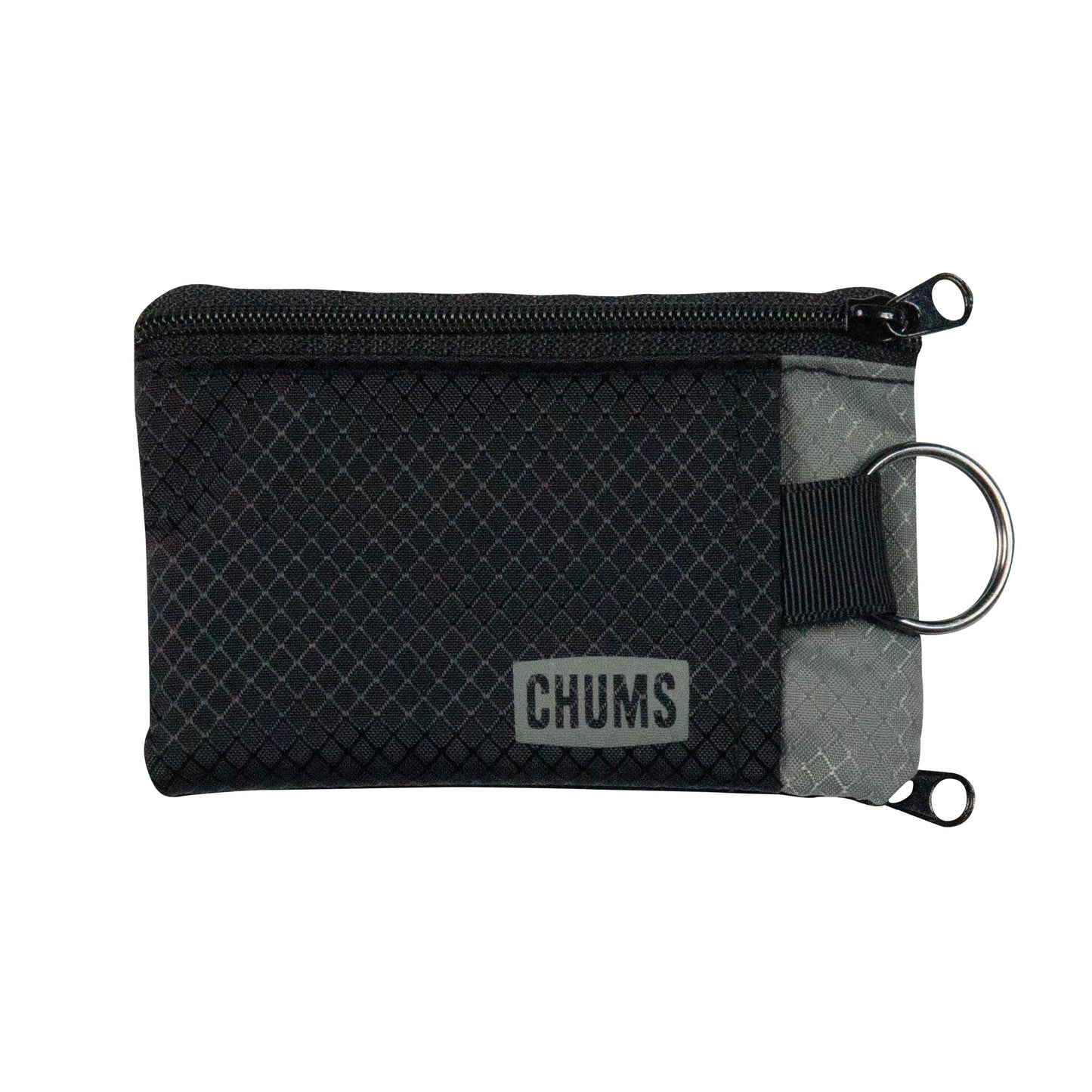 Chums Surfshorts Wallet - Lightweight Slim Wallet with RFID Blocking Card & Clear ID Window - Zippered, Minimalist Wallet w/Key Ring (Black/Gray)