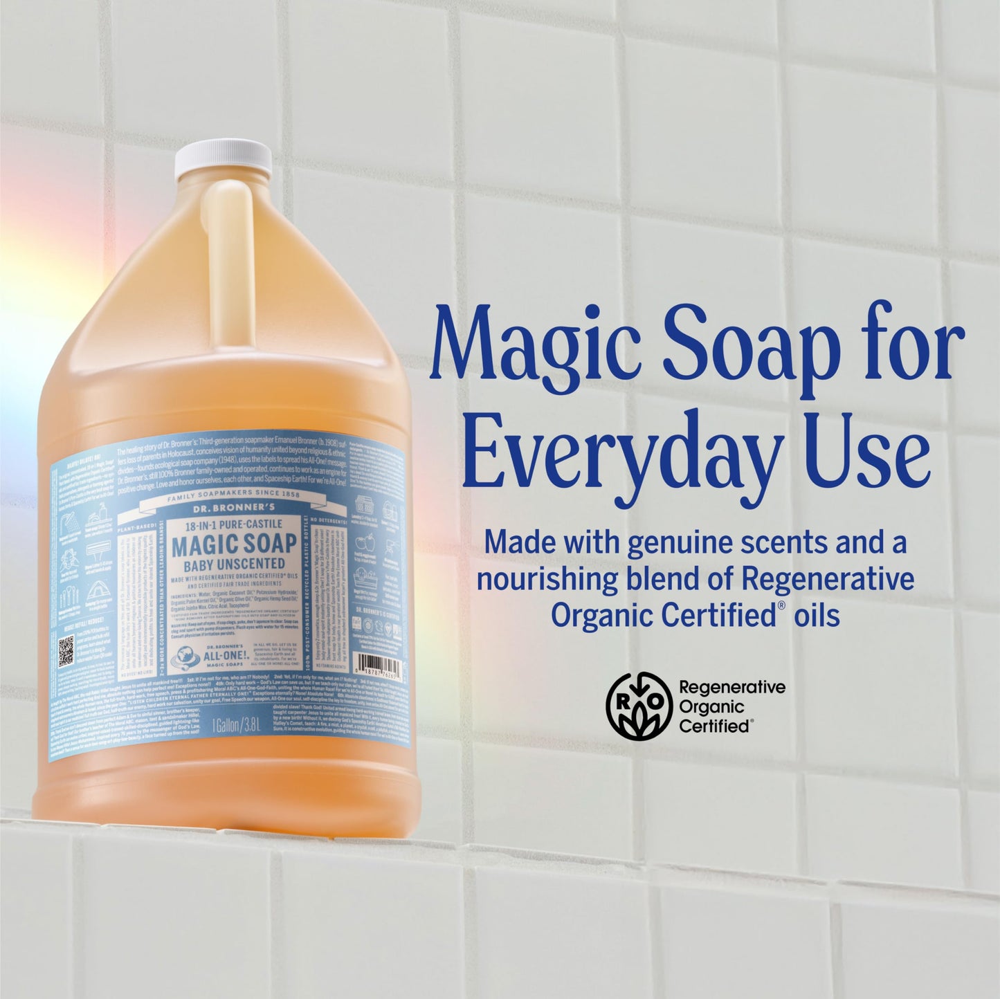 Dr. Bronner's Pure-Castile Magic Soap Liquid (Baby Unscented, 1 Gallon) - Made with Regenerative Organic Certified Oils- For Sensitive Skin, Babies