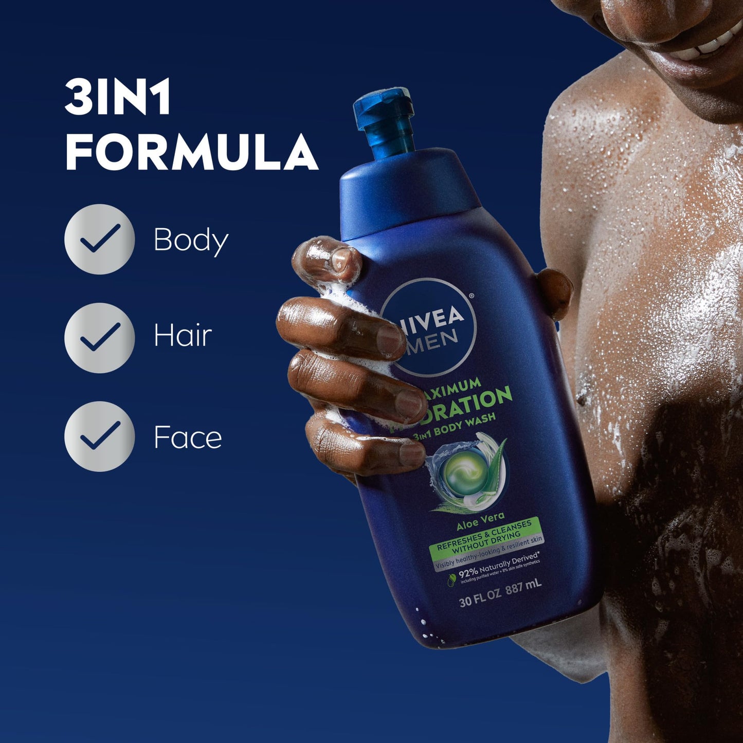 Nivea Men Maximum Hydration Body Wash for Dry Skin, Aloe Vera Enriched, 3-in-1 Moisturizing Body Wash, Face and Hair, Paraben Free, Vegan Formula, 30