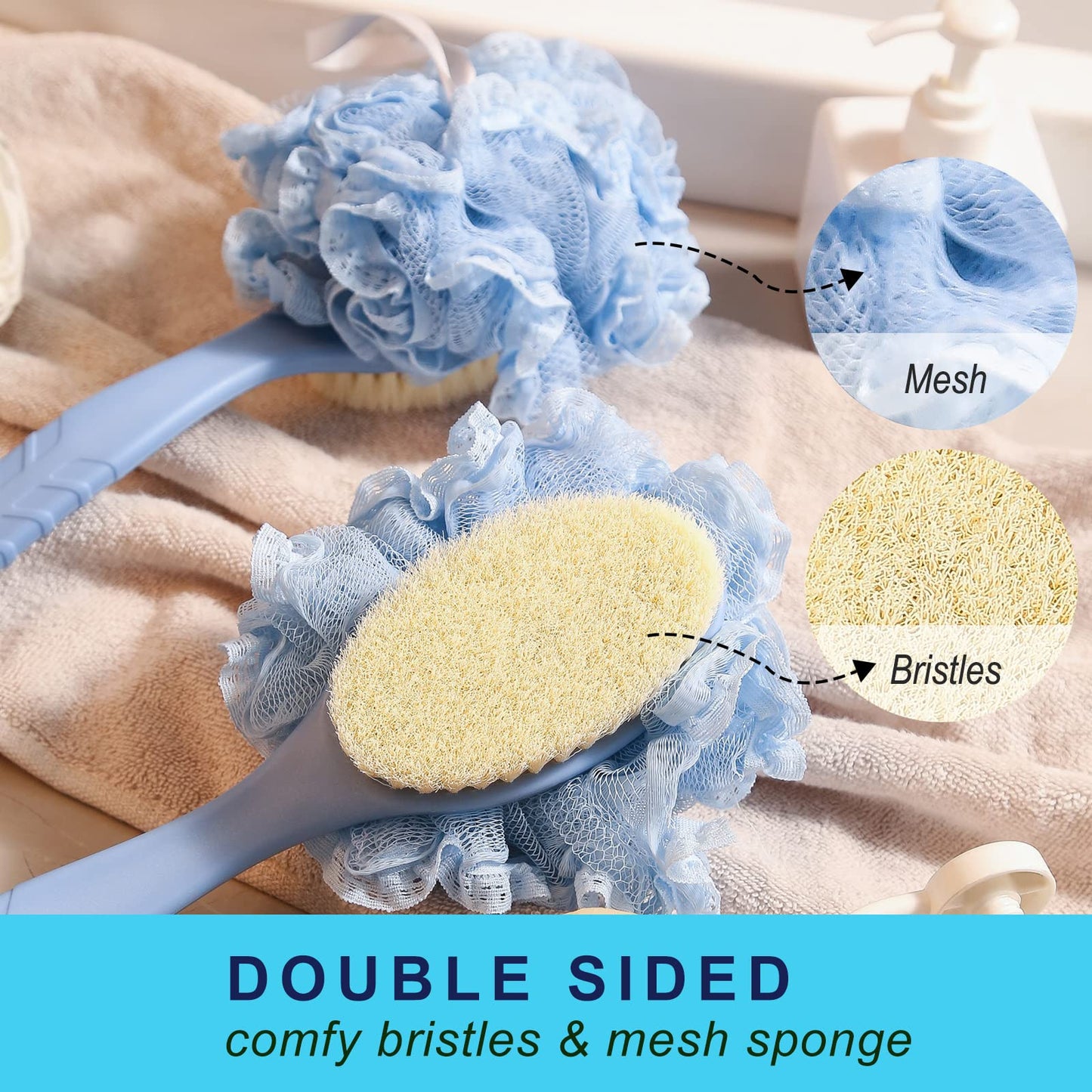Back Scrubber Brush,TEGOOL Body Bath Shower Brush with Bristles and Loofah/Mesh Sponge,16 Inches Long Handle Built-in TPR Material Non-Slip