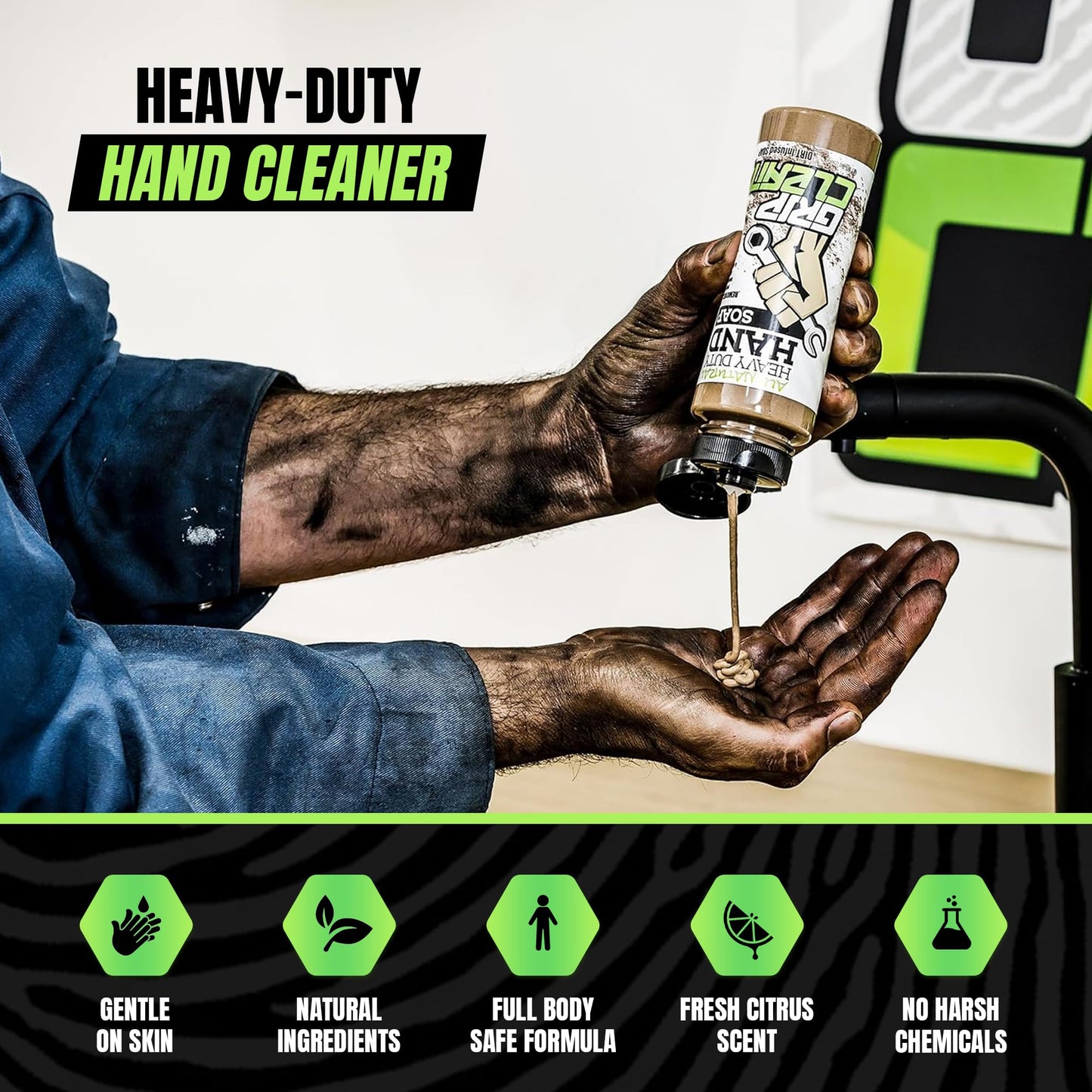 Grip Clean Heavy Duty Hand Cleaner for Mechanics - Natural Pumice & Clay-Infused Technology Removes Grease, Oil & Grime - Moisturizing Liquid Hand