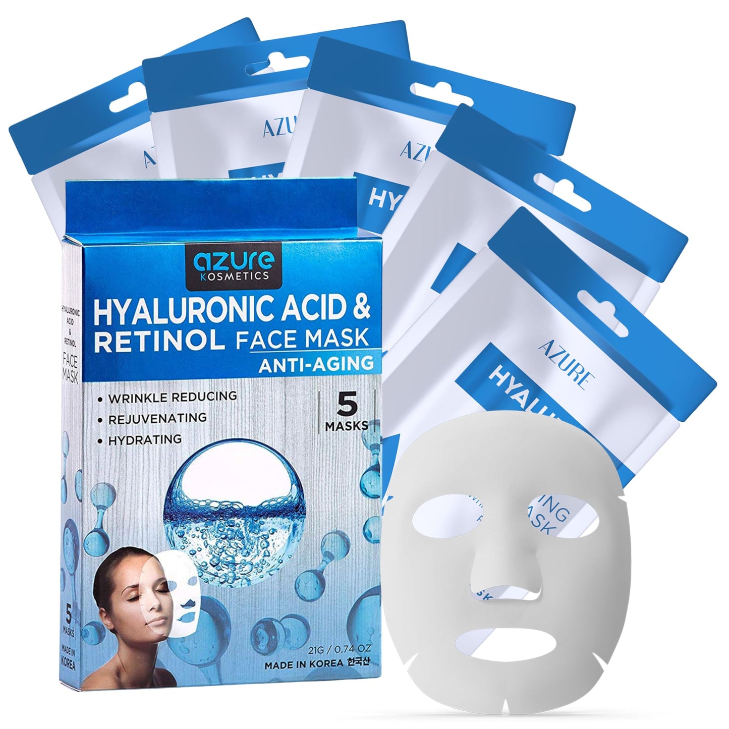 Azure Cosmetics Hyaluronic Acid & Retinol Anti Aging Face Mask - Dermatologist Tested - Rejuvenating & Hydrating - Helps Reduce Fine Lines