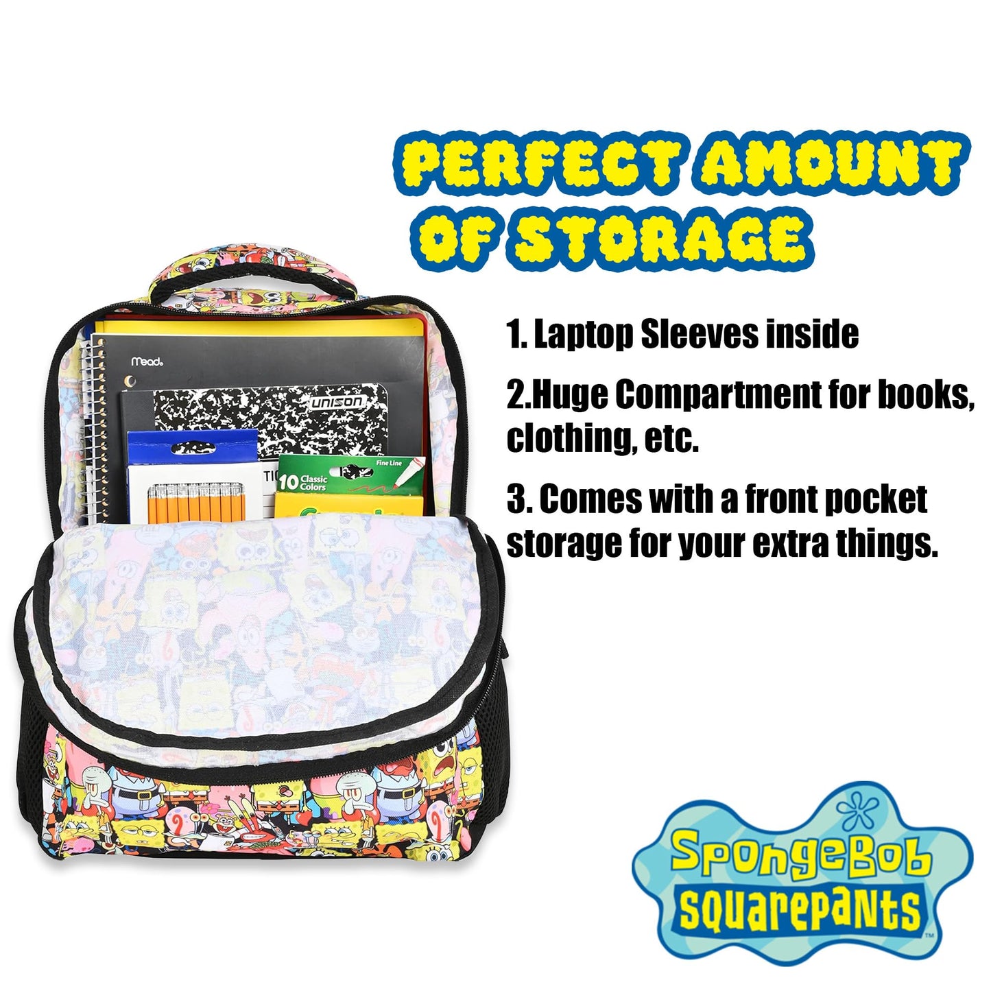Nickelodeon SpongeBob Backpack for Kids - Officially Licensed SpongeBob SquarePants, Mr. Krabs, Squidward, Plankton Bookbag for Boys and Girls Kids and Adults - Laptop and Lunchbox Compartment