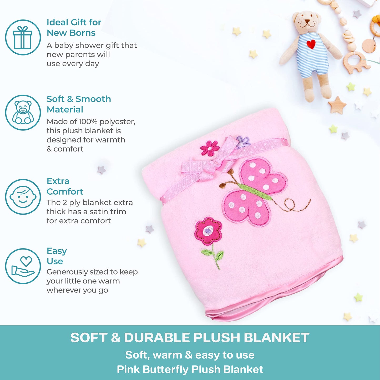 Spasilk Baby Girls' Newborn Extra Thick Plush Blanket with Satin Trim, Pink Butterfly, One Size
