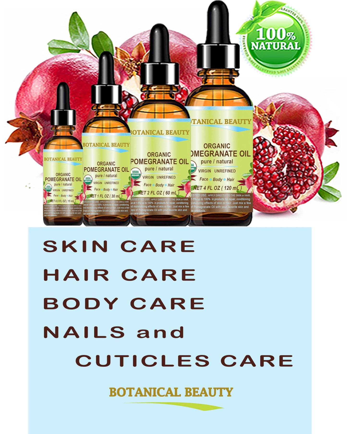 Botanical Beauty Organic POMEGRANATE OIL 100% Pure Natural Virgin Unrefined Cold-Pressed Carrier Oil 0.5 Fl oz 15 ml for Face, Skin, Body, Hair, Lip