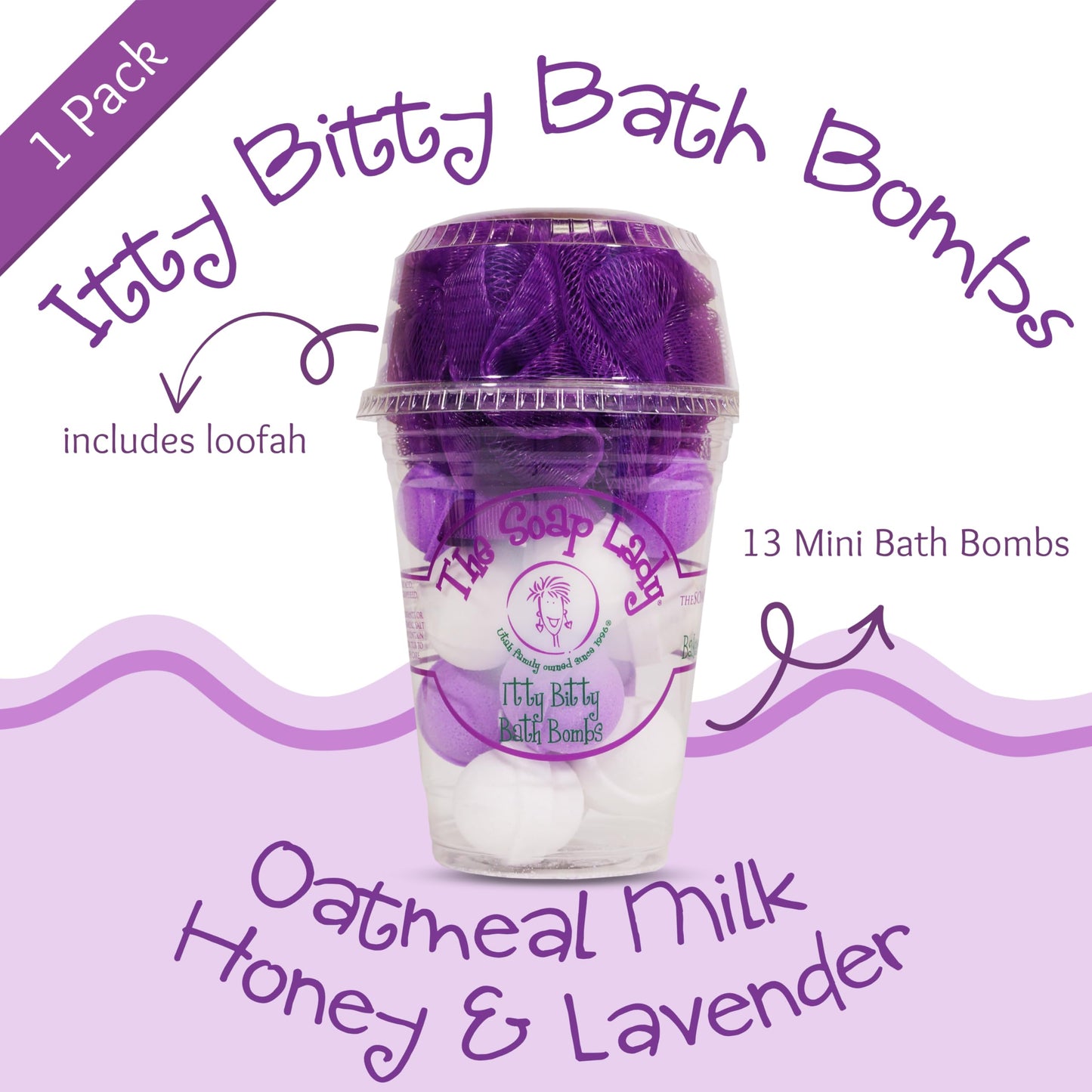 The Soap Lady Itty Bitty Bath Bombs - Oatmeal, Milk, Honey, & Lavender - Includes Loofah - .65oz Bath Bombs