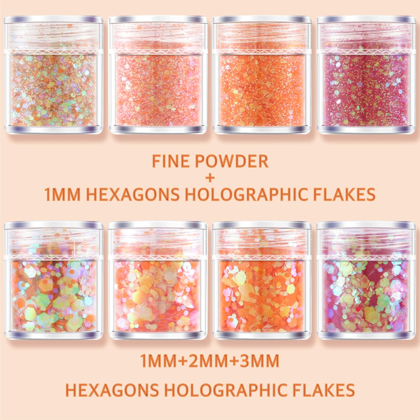 GABOX 8-Jar Sunset Orange Glitter Set, Holographic Fine Powder & 1mm & 2mm & 3mm Sequins Flakes Set for Cosmetic - Nail - Resin, Iridescent Art