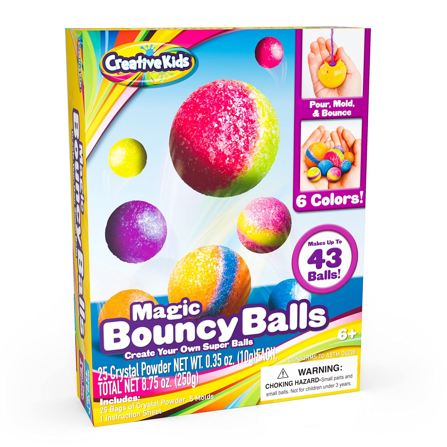Creative Kids Magic Bouncy Balls Kit – DIY STEM Science Toy with 25 Colorful Crystal Powder Packs & 5 Molds – Makes Up to 43 Fun Bounce Balls for Kids