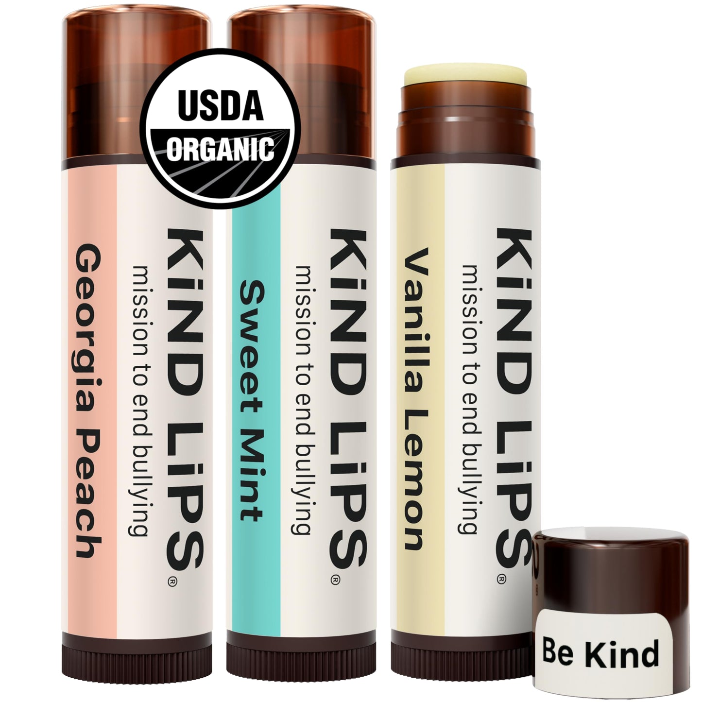 Kind Lips Organic Lip Balm Variety 3-Pack - Sweet Mint, Vanilla Lemon & Georgia Peach • 100% Natural, Clean, Gluten-Free, Grain-Free • Moisturizing