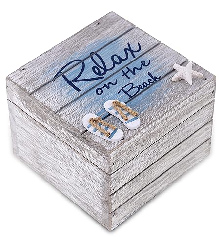 CoTa Global Aqua Sky Relax Wooden Box - Medium Handcrafted Nautical Trinket with Sandals and Starfish Decoration, Accent Tabletop Home Decor, Beach…