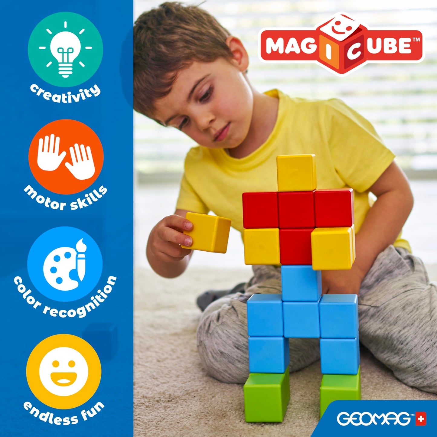 Geomag Magicube 24pcs Magnetic Blocks – Montessori Building Toys for Toddlers Ages 1-3, Sensory Magnet Set for Kids 1+ Year Old