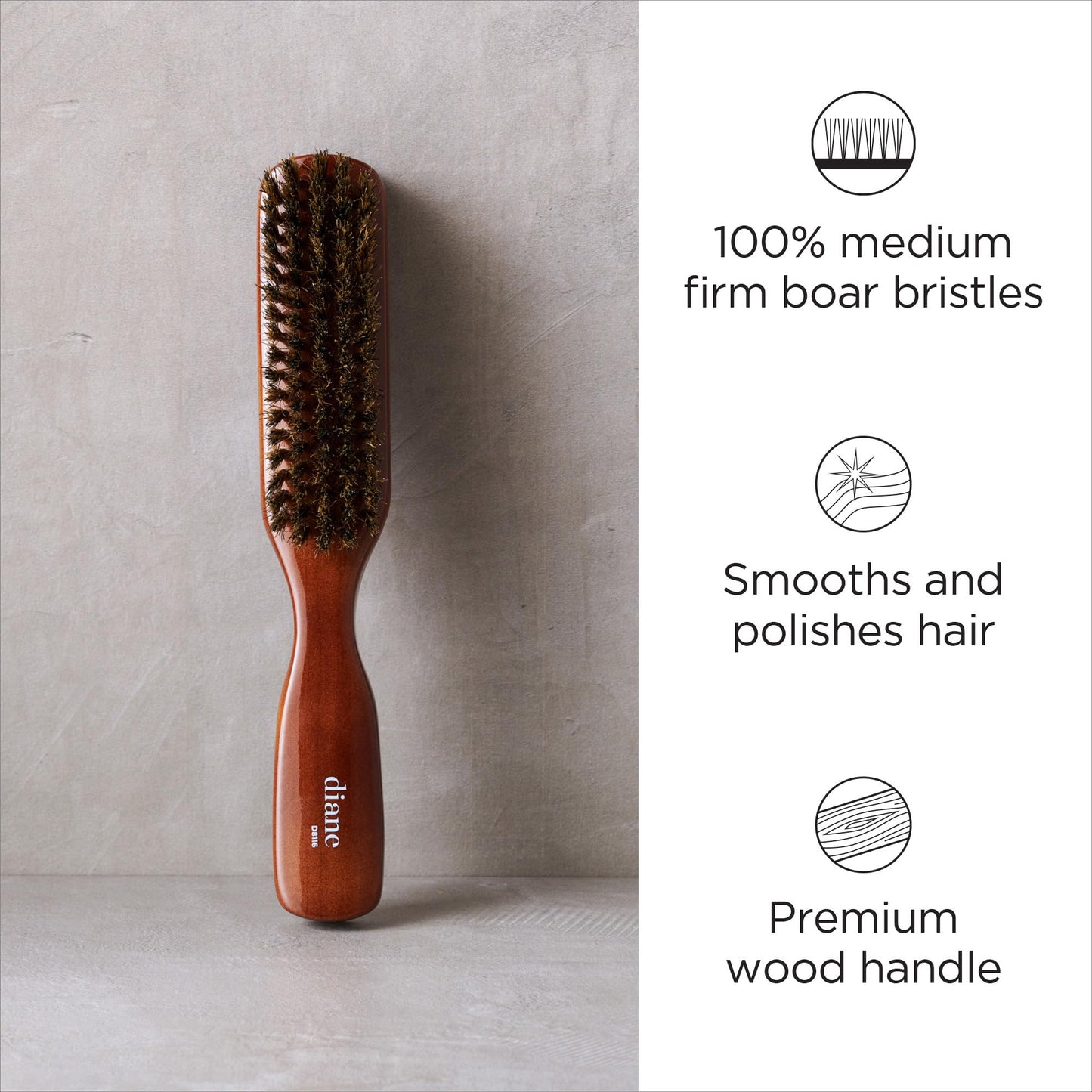 Diane Premium 100% Boar Bristle Styling Brush for Men and Barbers - Medium Bristles for Thick Coarse Hair - Use for Detangling, Smoothing, Wave