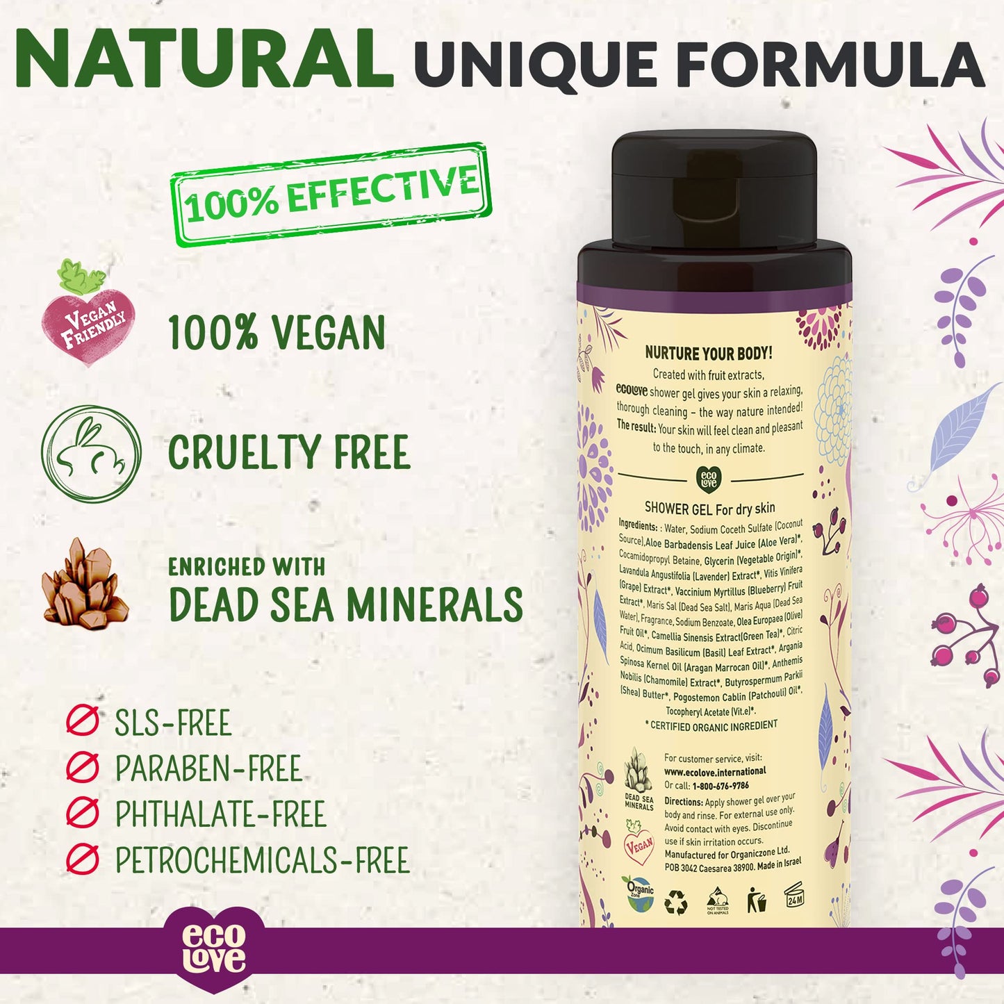 ecoLove - Natural Moisturizing Body Wash for Dry Skin - Organic Blueberry, Grape & Lavender - No SLS or Parabens - Vegan and Cruelty-Free Shower Gel