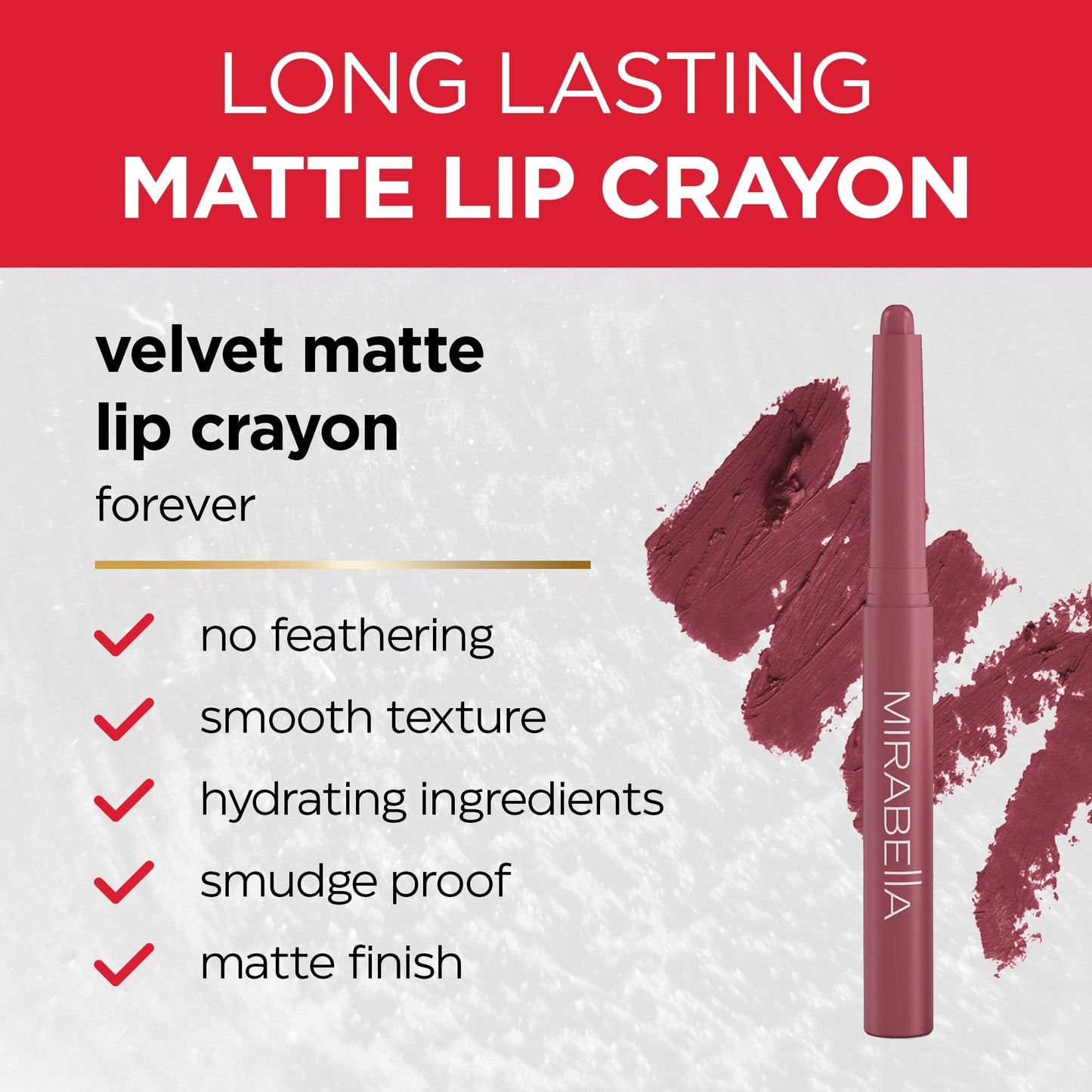 Mirabella - Velvet Matte Lip Crayon, Retractable Highly-Pigmented 2-in-1 Makeup, Long-Lasting Hydrating Lipstick Crayon + Lip Liner, Moisturizing