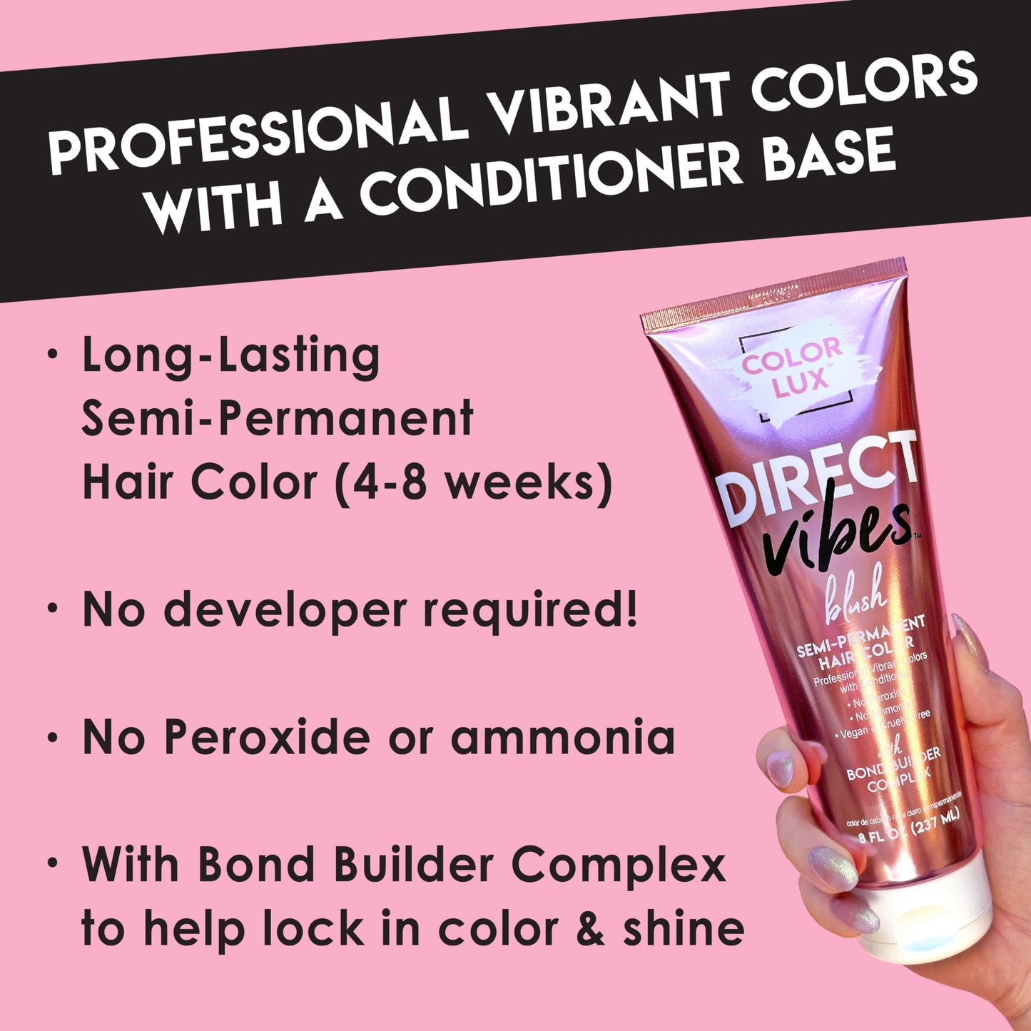 Color Lux Direct Vibes Semi-Permanent Hair Color, Silver, Vibrant & Long-Lasting Shade, Ammonia-Free, Vegan, Sulfate-Free, Paraben-Free, 8 fl oz