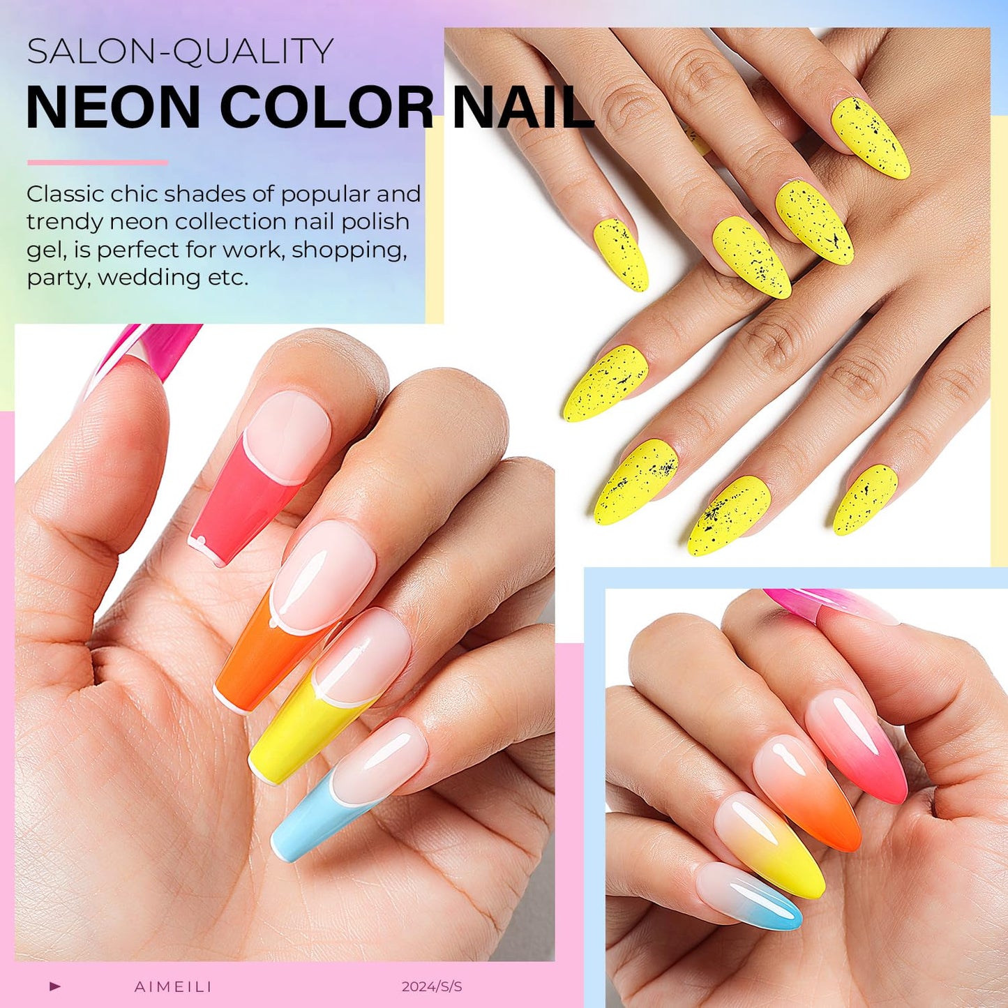 AIMEILI Hot Pink Neon Gel Nail Polish, Hema Free, Cruelty Free, Vegan, Soak Off Summer Yellow Nail Lacquer Set Of 6pcs X 10ml - Kit Set 11