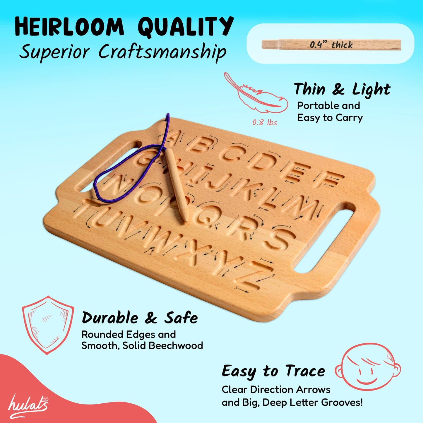 Hulats Wooden Alphabet Tracing Board – Montessori Sensory Writing Pad for Kids Ages 3–5, Portable Learning Toy for Letter Writing Practice