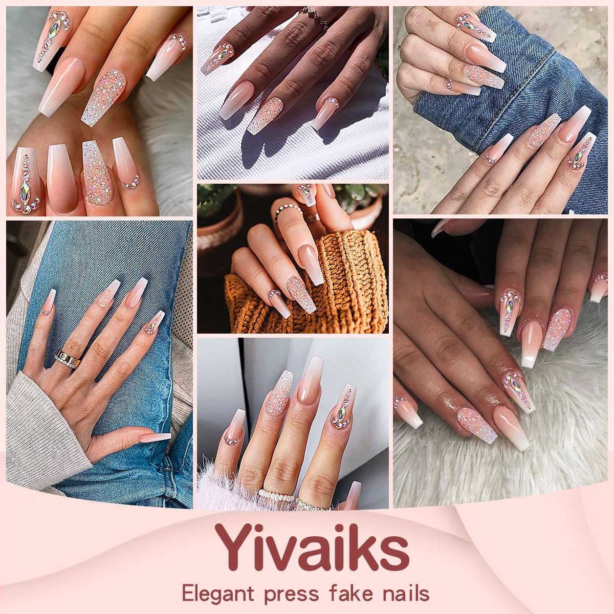 Yivaiks 24 Pcs Advanced Hand Made Customization Press on Nails, Luxurious Rhinestone Design Ballerina Fake Nails?Perfect Accessory for Banquets