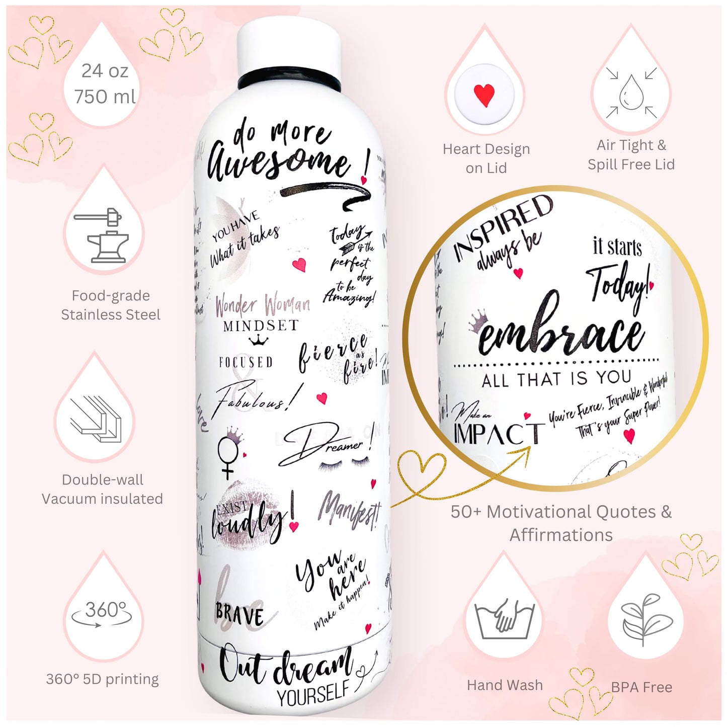 Girl Power 24/7 24oz Motivational Water Bottle - Be Unstoppable, Stainless Steel, Affirmation Bottle, Positive Gift for Women, Boss Lady