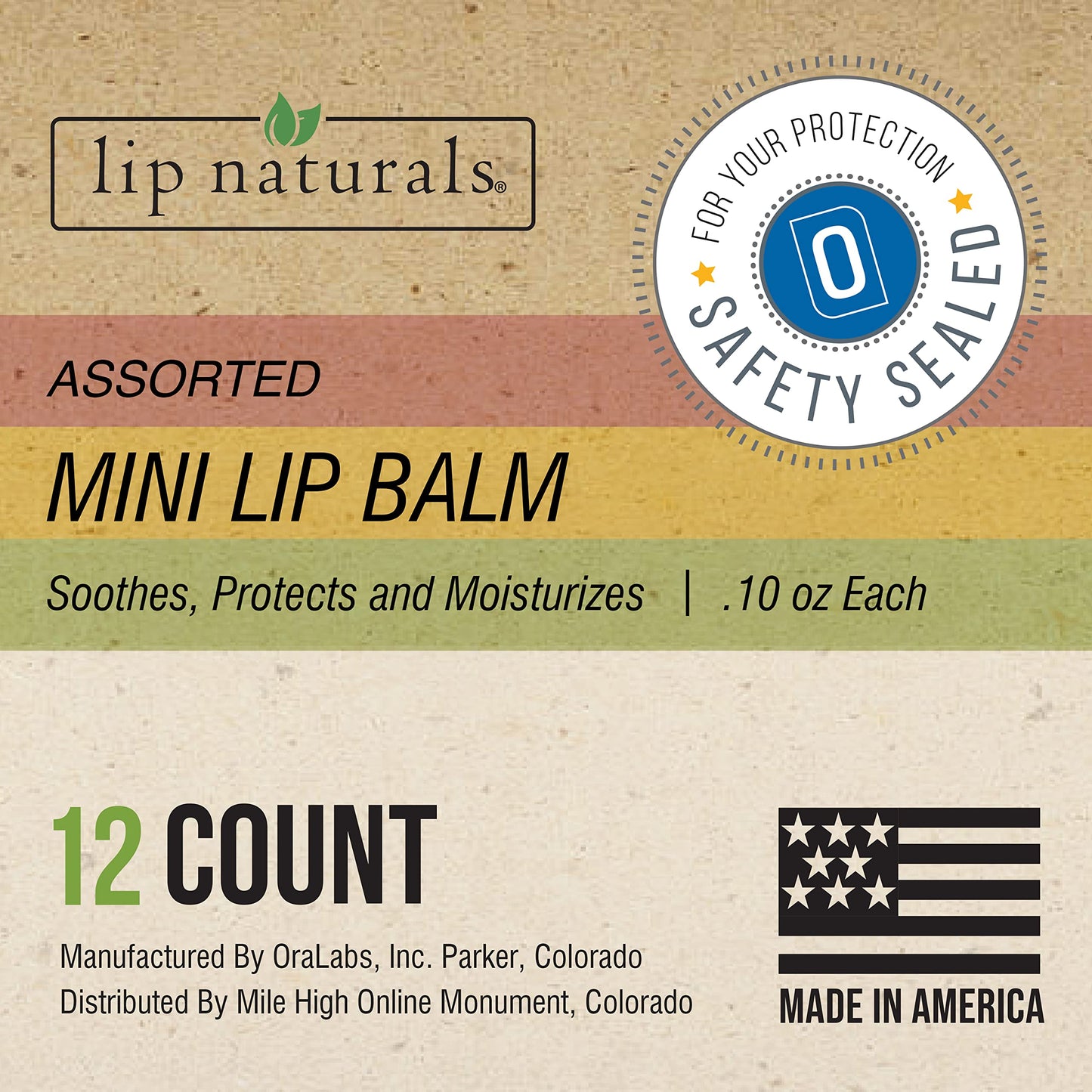 Lip Naturals Mini Lip Balm with SPF 15 Sunscreen, 12 Count Pack, Cherry, Tea Tree Mint & Vanilla Bean Flavors, Made in USA, 0.10oz Each