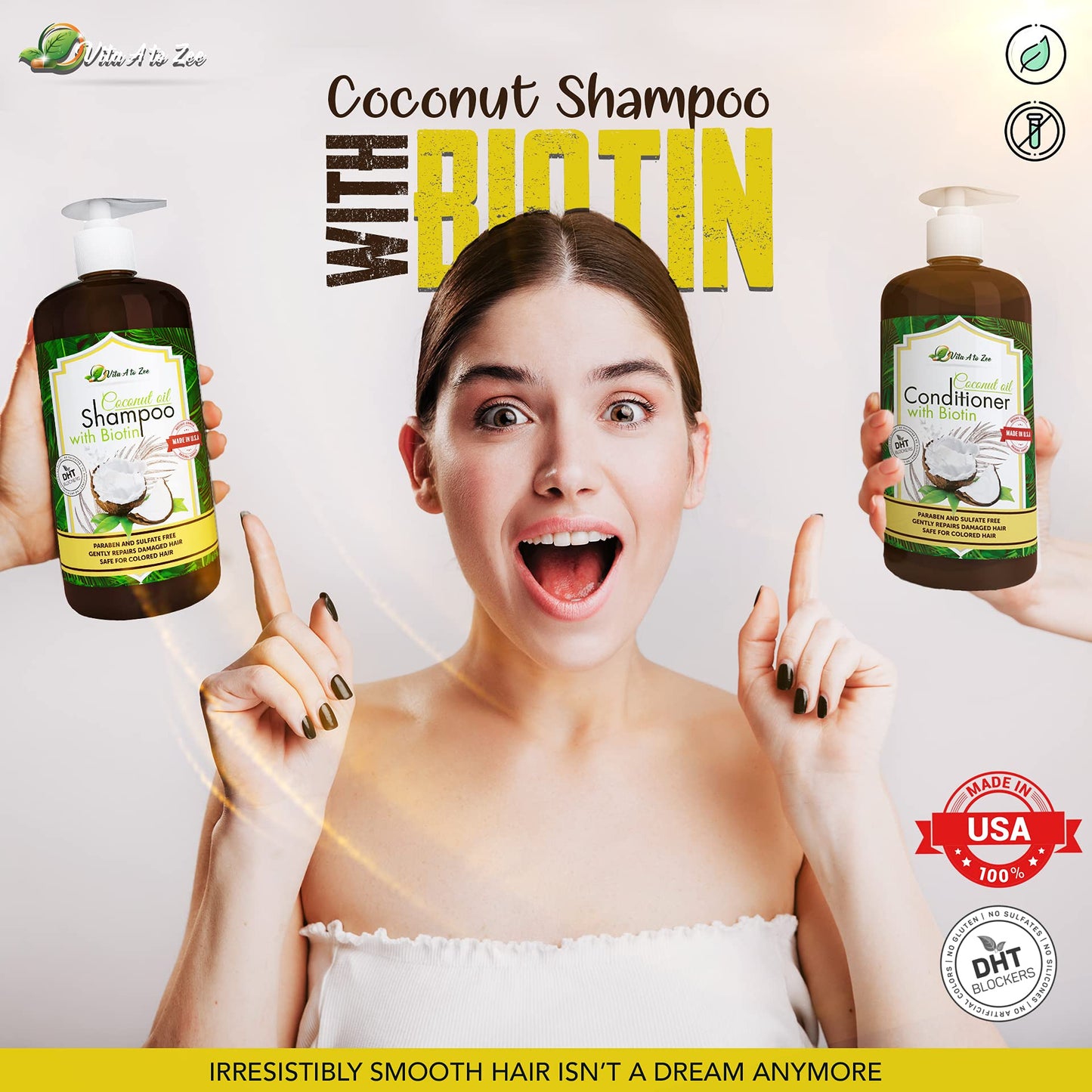 Vita A to Zee Coconut Oil Shampoo & Conditioner with Biotin, Aloe Vera (2 x 16.9 Fl Oz) - Hair Regrowth Shampoo Conditioner for Dry, Frizzy & Coarse