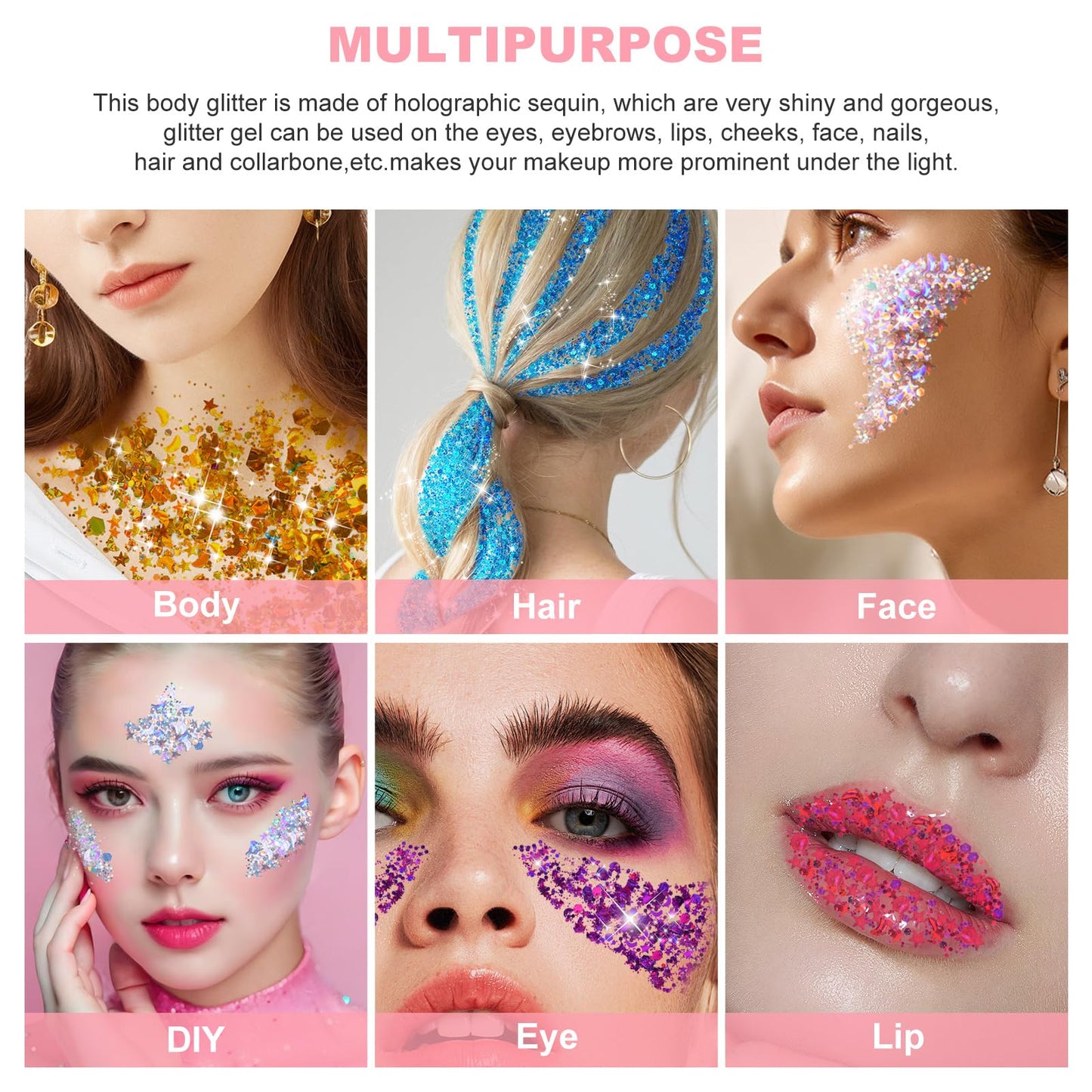 Pink Body Glitter Gel for Face, Hair and Makeup - Festival Rave Chunky Sparkling Halloween Glitter for Women