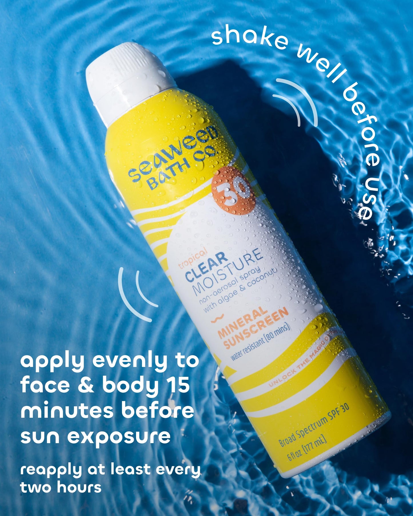 Seaweed Bath Co. Clear Moisture Mineral SPF 30 Broad Spectrum Sunscreen Spray, 6 Ounce, Sustainably Harvested Seaweed, Algae, Coconut