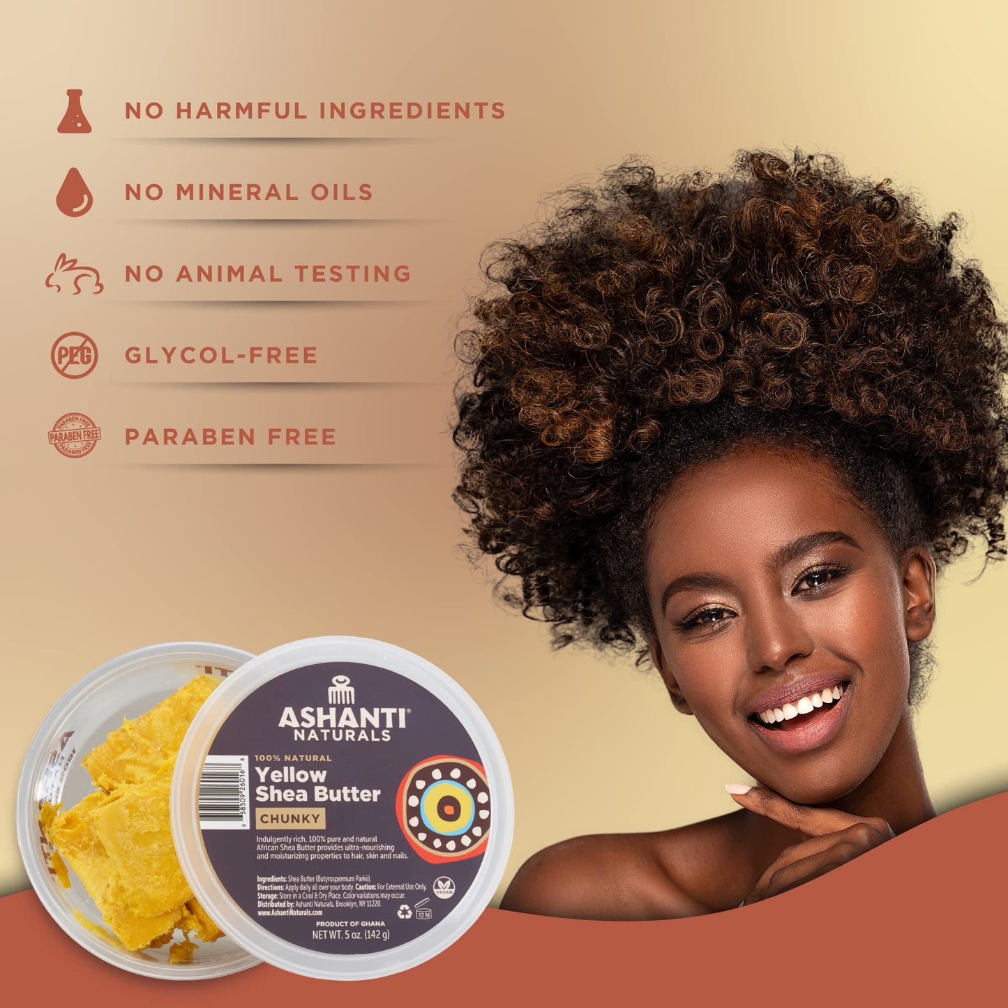Ashanti Naturals Yellow Chunky Raw Shea Butter | Unrefined African Shea Butter from Ghana | 100% Natural Moisturizer, No Additives - 5 oz