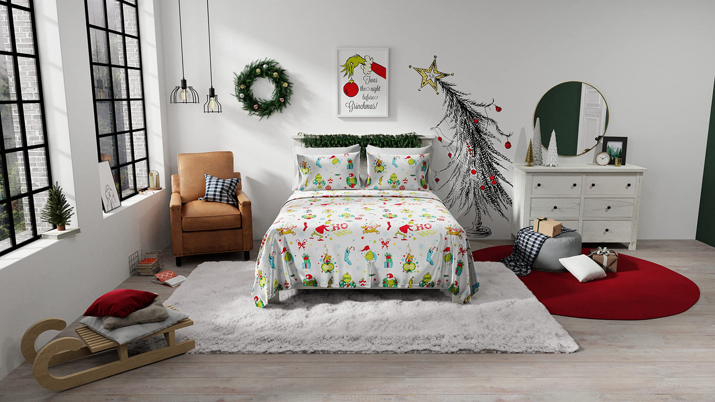 Grinch by Dr. Seuss Holiday & Christmas Bedding Super Soft 100% Cotton Flannel Sheet Set, Queen, (Officially Licensed Product) by Franco