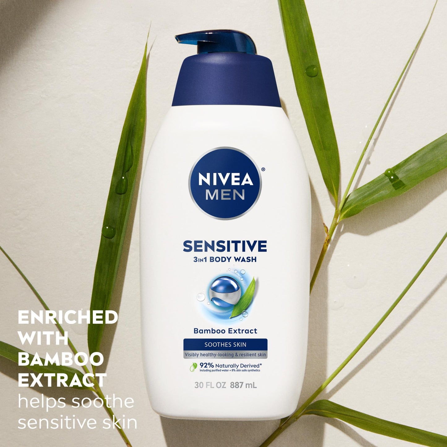 NIVEA MEN Sensitive Body Wash with Bamboo Extract, Moisturizing Body Wash for Sensitive Skin, Soap Free Shower Gel for Men with No Drying Alcohol, 30