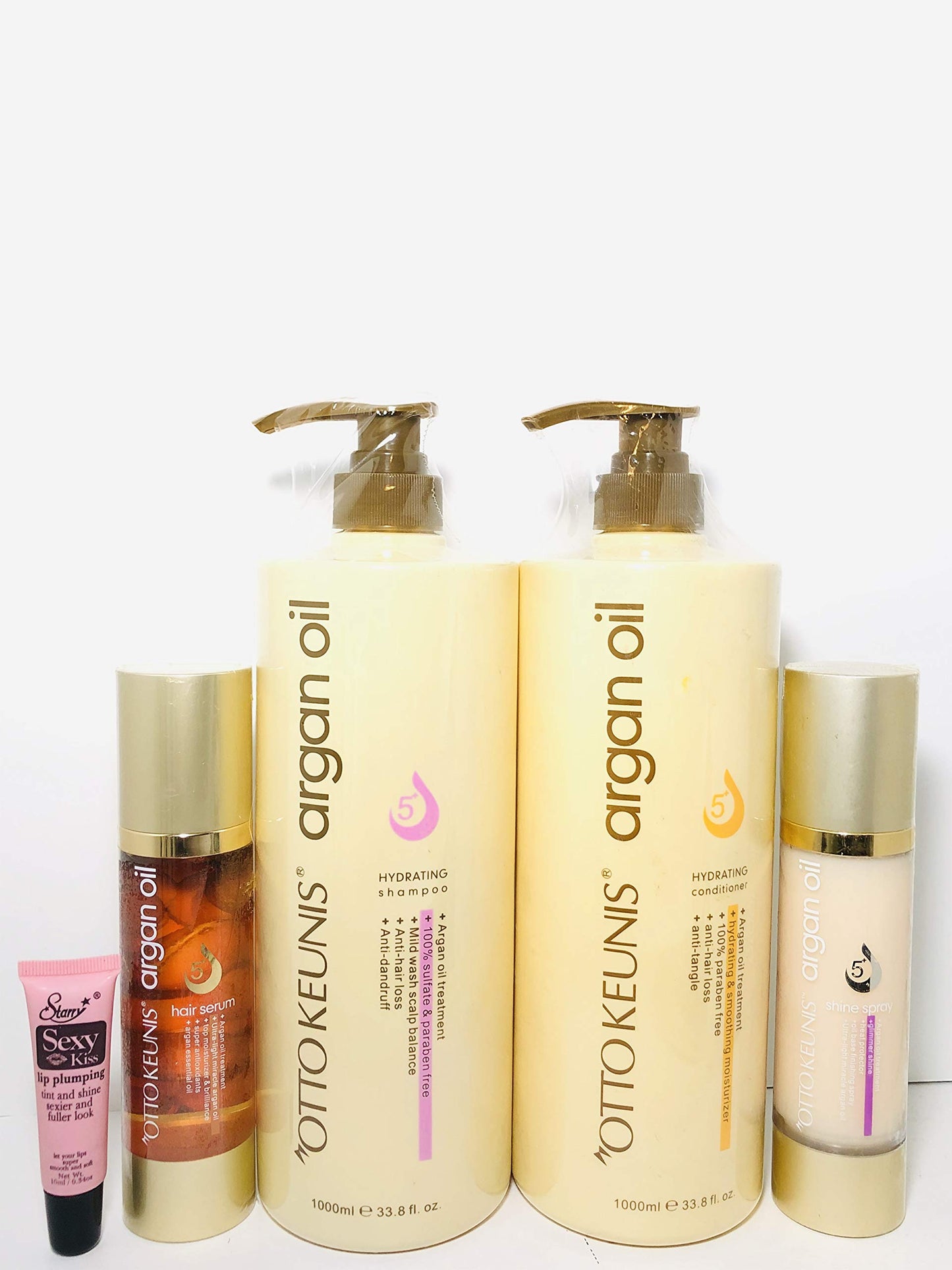 OTTO KEUNIS argan oil 5+ Hydrating shampoo 33.8oz, Conditioner 33.8oz., Hair serum 3.38 oz., Shine Spray 3.38 oz "Free Starry Sexy Kiss Lip Plumping