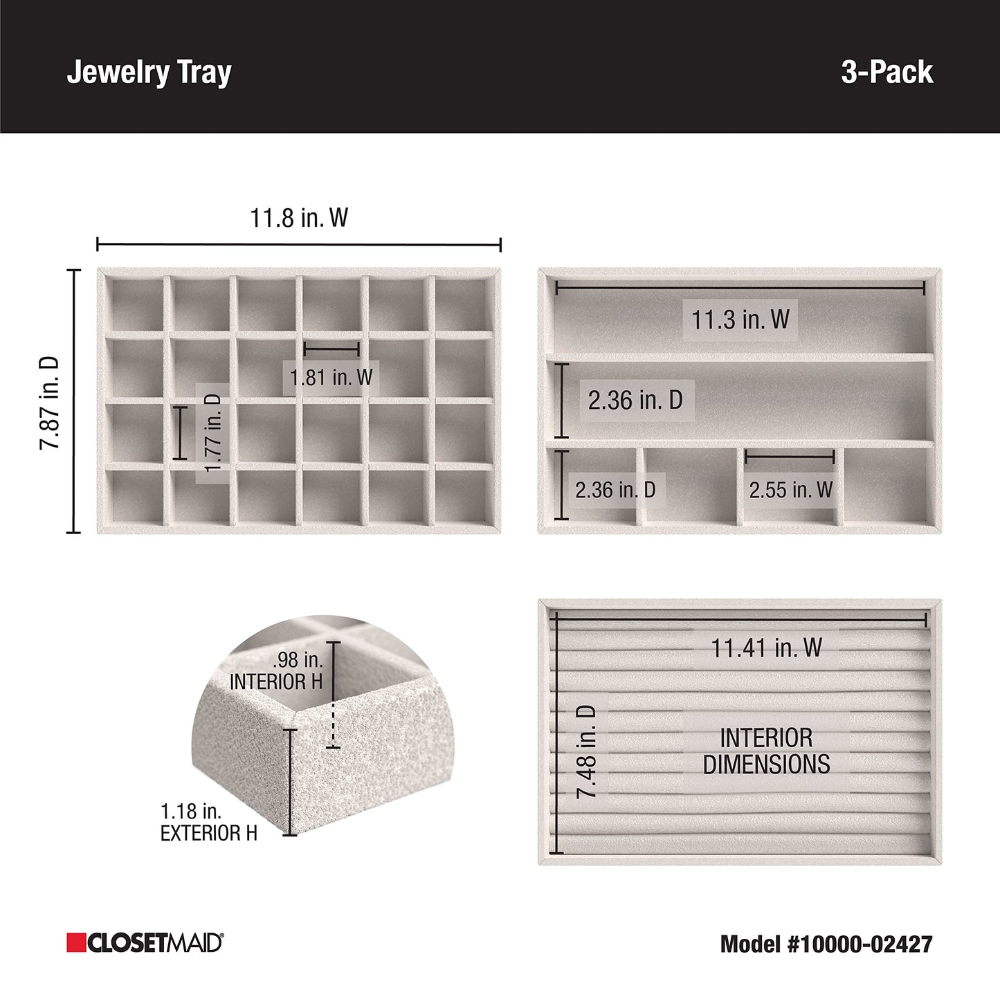 ClosetMaid Jewelry Trays, Set of 3, Stackable, Soft Velvet, Accessory Organizer for Earrings, Necklaces, Watches, Bracelets, Rings, Light Grey