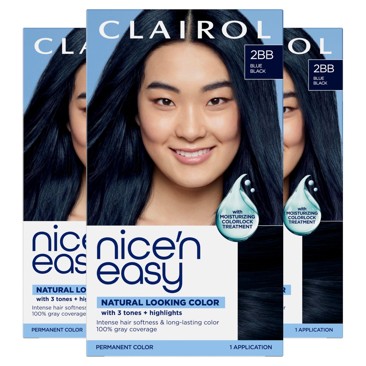 Clairol Nice'n Easy Permanent Hair Dye, 2BB Blue Black | 100% Gray Coverage | Long?Lasting, Natural?Looking Color & Shine | Pack of 3
