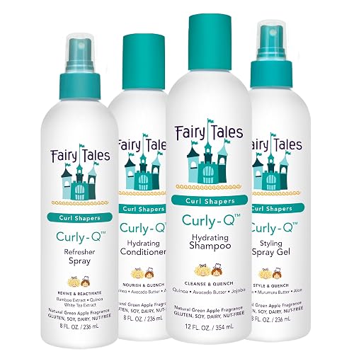 Fairy Tales Curly Q Hydrating Kids Shampoo 12oz, Conditioner 8oz, Styling Spray Gel 8oz & Refresher Spray 8oz - Paraben, Sulfate, Gluten & Nut Free